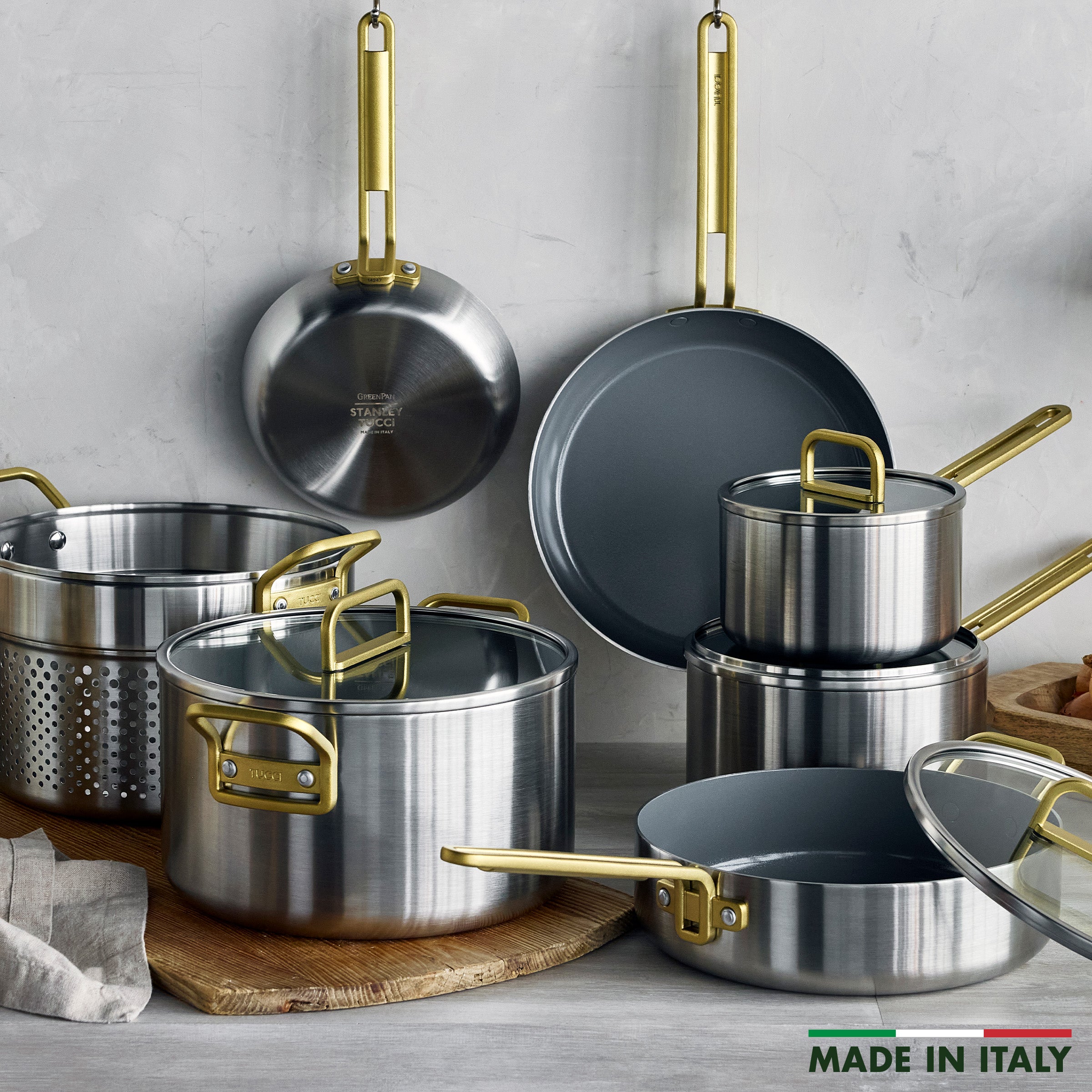 Stanley Tucci™ 11-Piece Stainless Steel & Ceramic Nonstick Cookware Set with Cookbook | Champagne Handles | Perfect for Home Cooking & Professional Kitchens