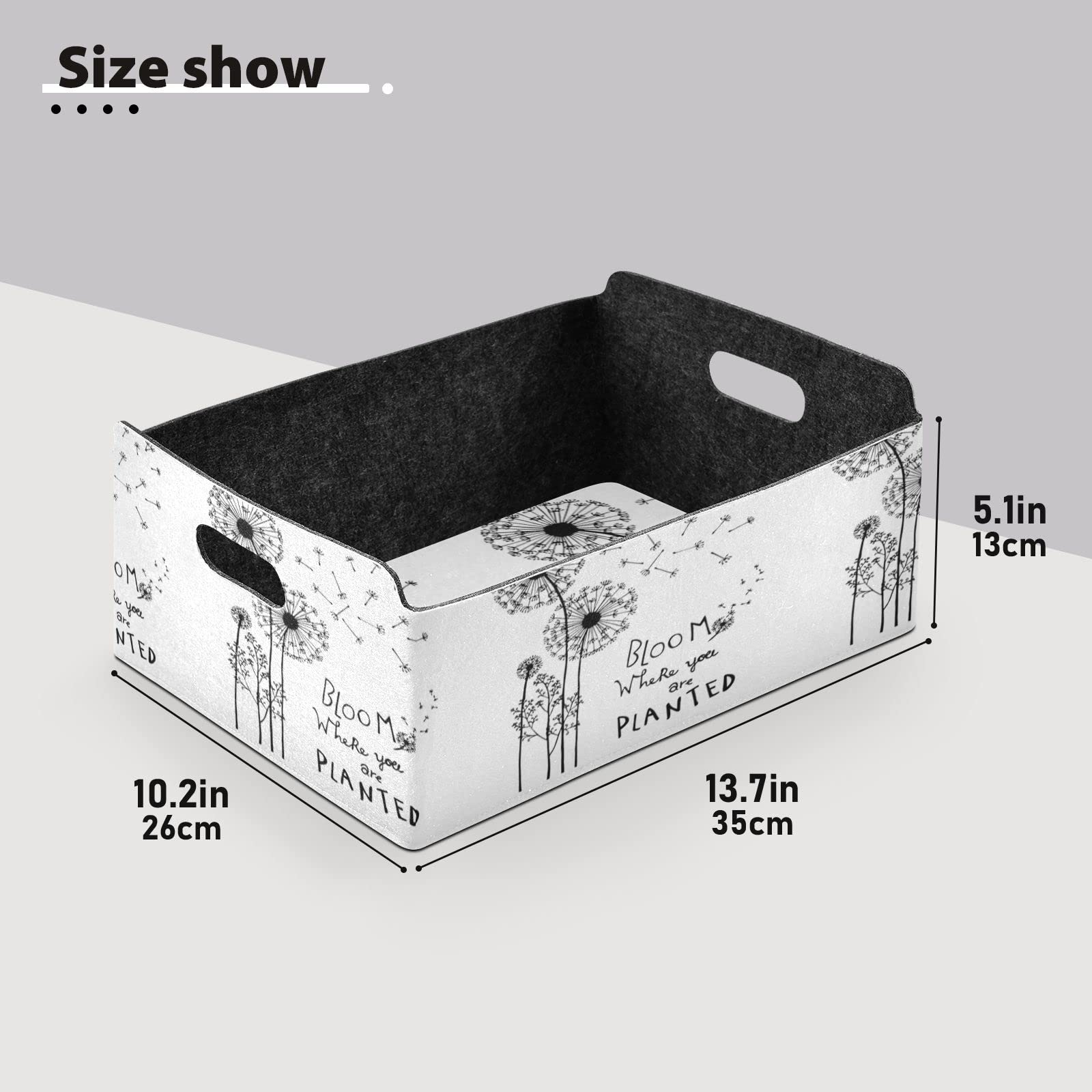 Hand Drawn Dandelion Flowers Desk Organizer - 'Bloom Where You're Planted' Rectangular Felt Tray for Jewelry, Vanity & Counter Storage | Detachable & Foldable Design | Perfect for Home Office, Bedroom & Bathroom Organization
