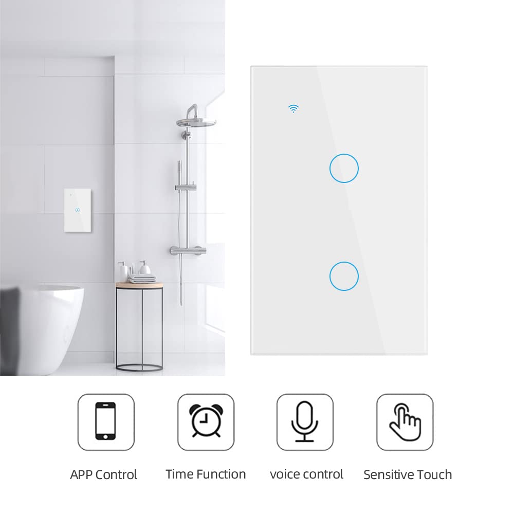 Smart Light Switch with WiFi & Touch Control - HomeKit, Alexa, Google Assistant Compatible, No Hub Required, Glass Panel Design, 2 Gang, White | Perfect for Modern Homes & Smart Lighting Automation