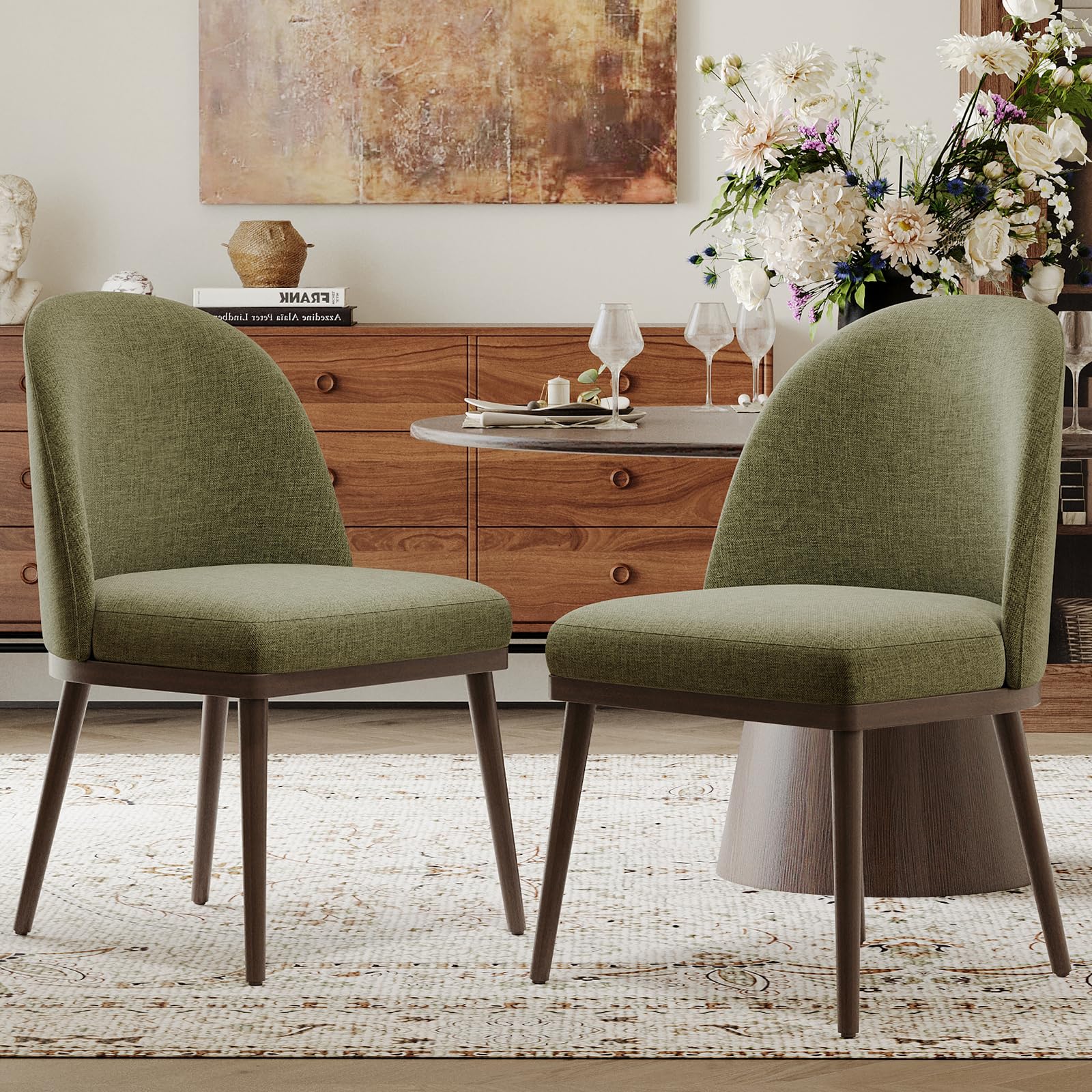 COLAMY Set of 4 Upholstered Dining Chairs - Modern Wooden Kitchen Chairs with Curved Backrest & Fabric Seat, Green - Perfect for Dining Room, Kitchen, and Breakfast Nook