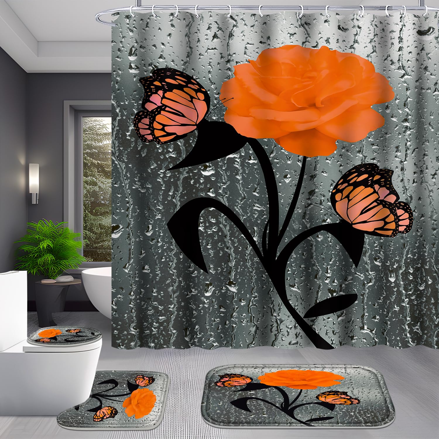 Poedist 4-Piece Orange Rose Bathroom Set - Romantic Shower Curtain with Matching Rugs (Bath Mat, U-Shape Mat & Toilet Cover) + 12 Hooks - Perfect for Master Bathroom, Guest Bath & Apartment Decor