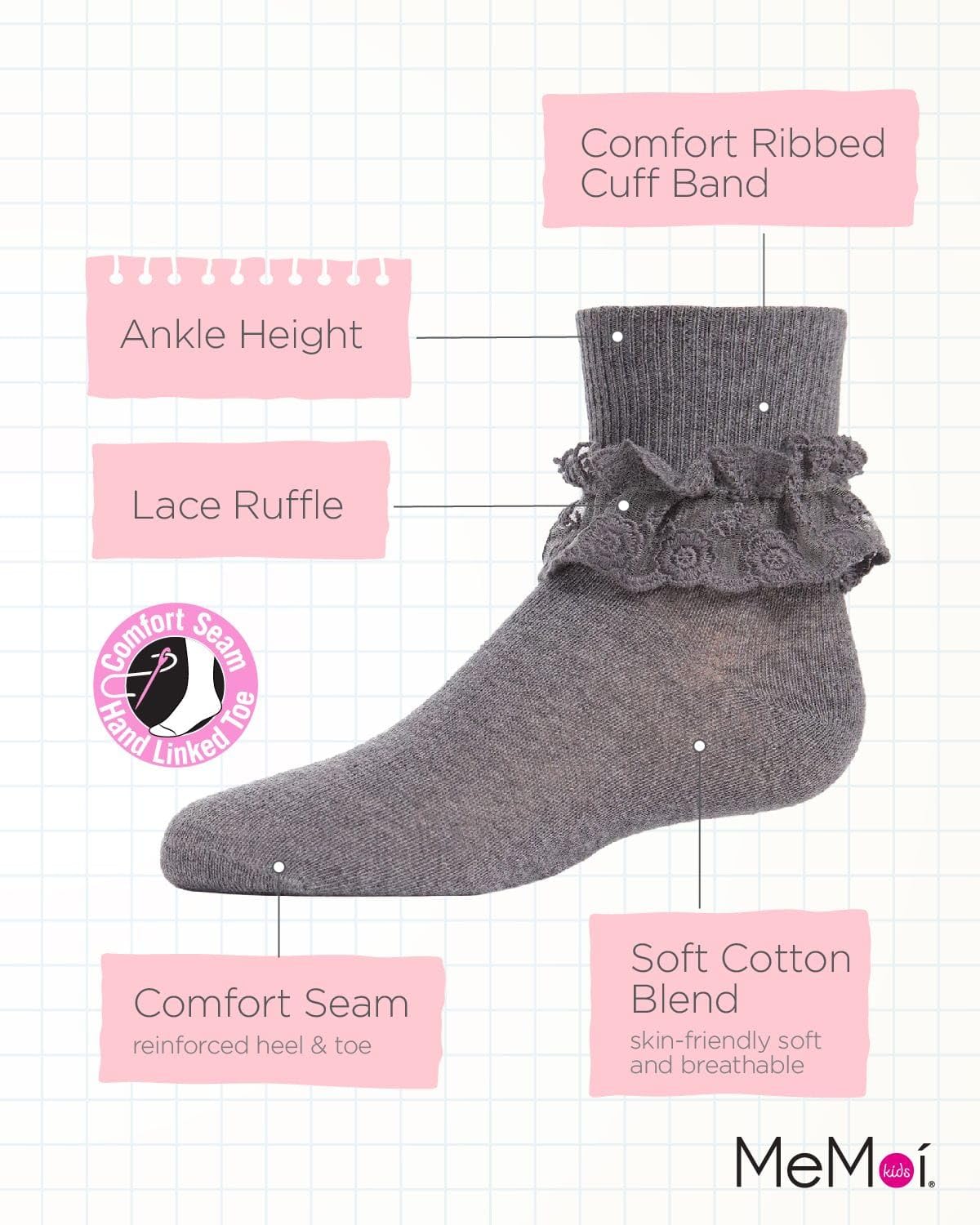 MeMoi Girls' Layered Lace Cotton Blend Anklet Socks - Cute & Comfortable Low-Cut Socks for School, Dress, and Everyday Wear