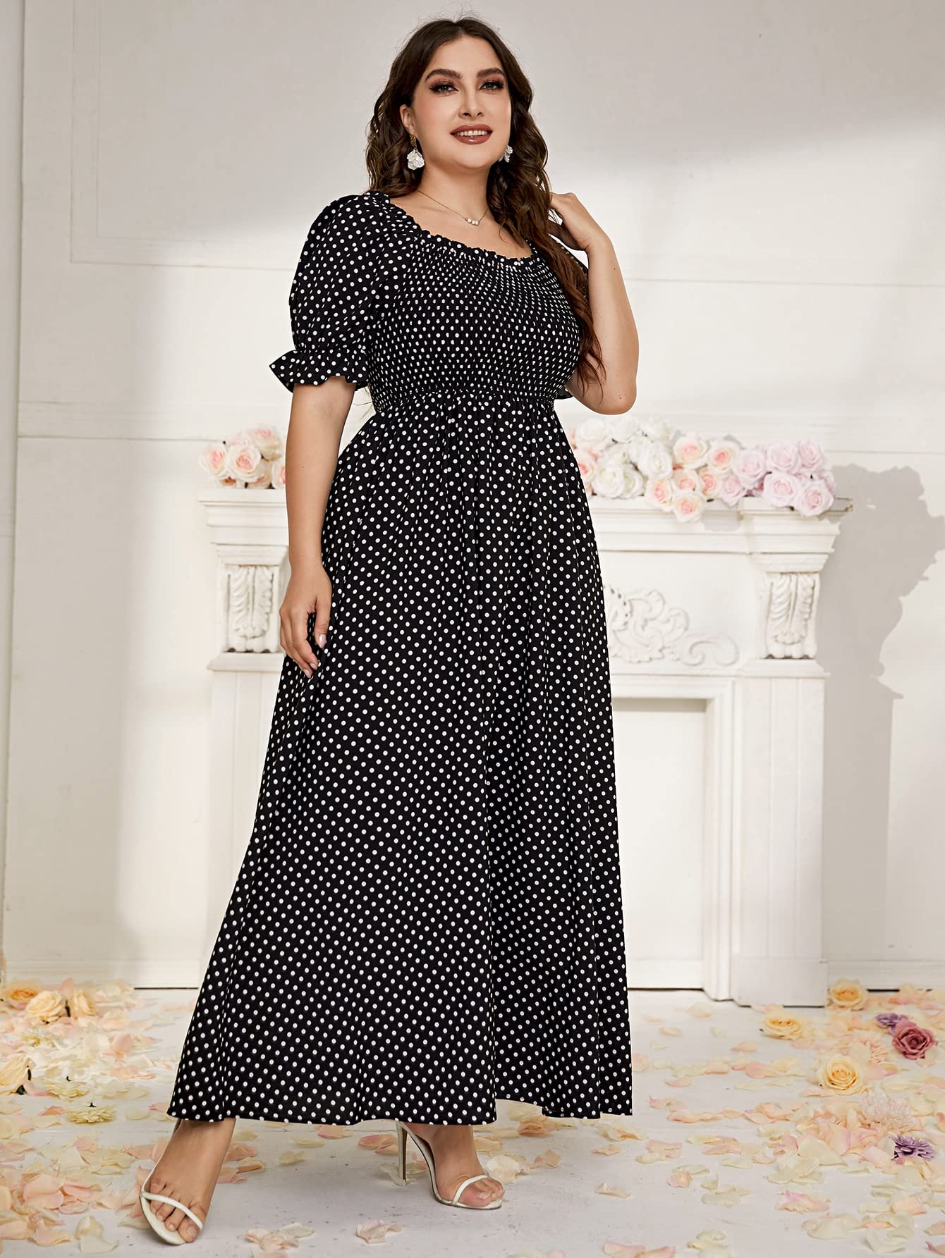 Plus Size Boho Floral Maxi Dress for Women - Curvy Short Sleeve Shirred Square Neck Long Dress | Perfect for Beach Vacations, Summer Parties & Boho Fashion
