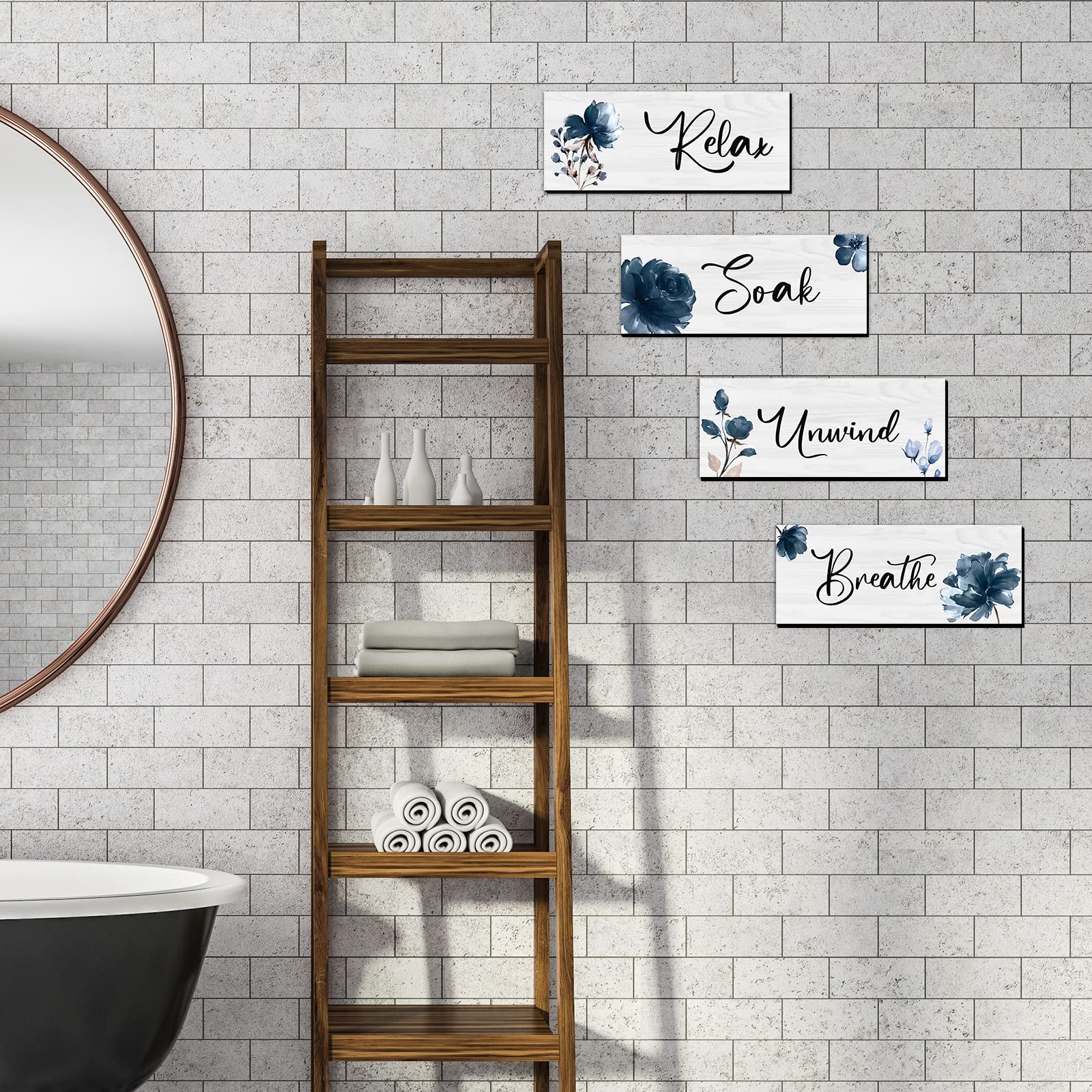 4-Piece Rustic Farmhouse Bathroom Wall Art Set - Wooden Hanging Signs with 'Relax Soak Unwind Breathe' Quotes - Perfect for Home Spa, Bathroom & Laundry Decor - Creates a Calming Atmosphere for Self-Care Moments