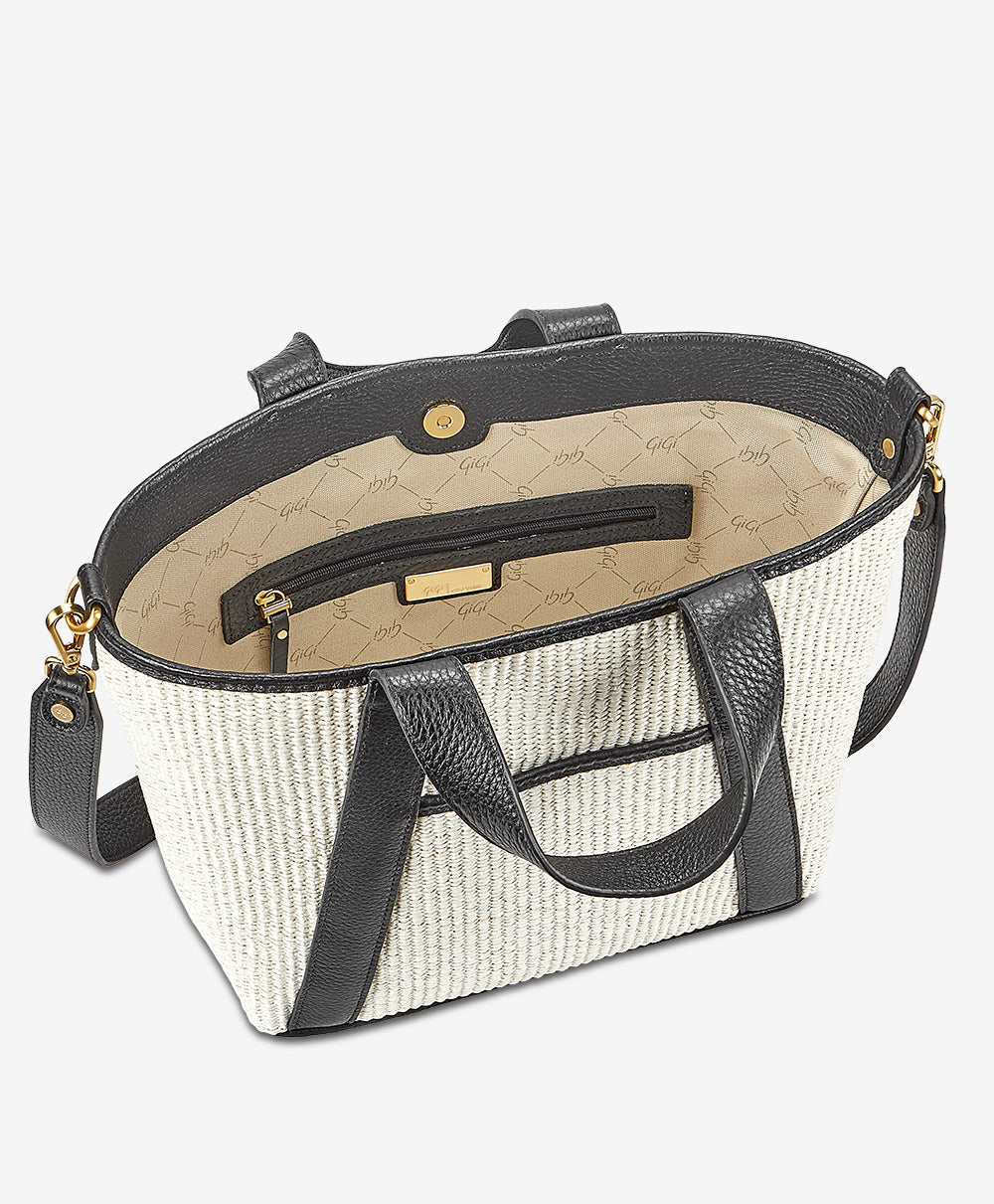 Harper Tote Bag - Natural Raffia with Black Leather Trim - Stylish Women's Beach Bag for Summer, Travel & Shopping