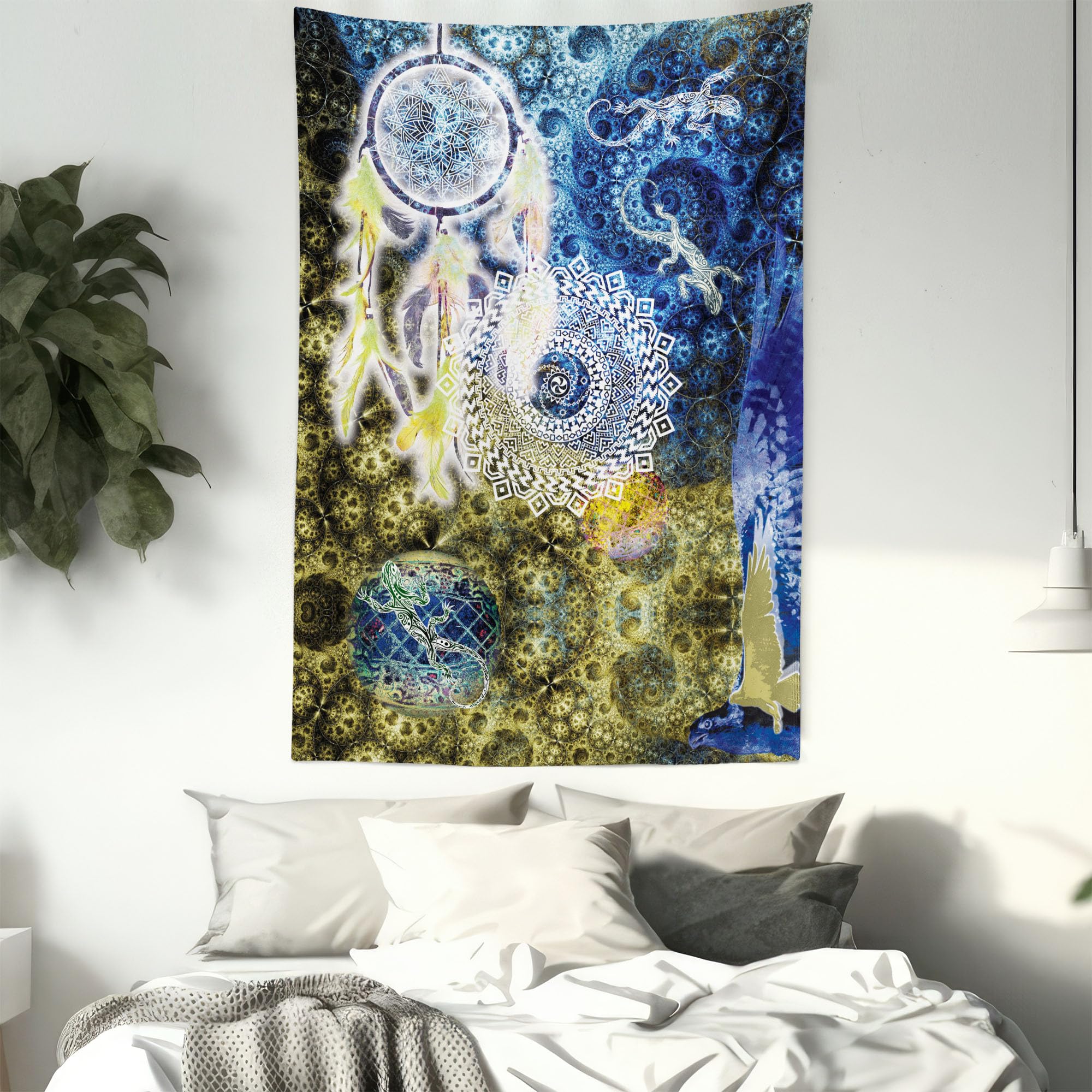 Ambesonne Bohemian Dreamcatcher Tapestry - Native American Style Wall Hanging with Feathers & Animal Illustrations (40x60 Inches) - Perfect for Bedroom, Living Room & Dorm Decor in Indigo Yellow