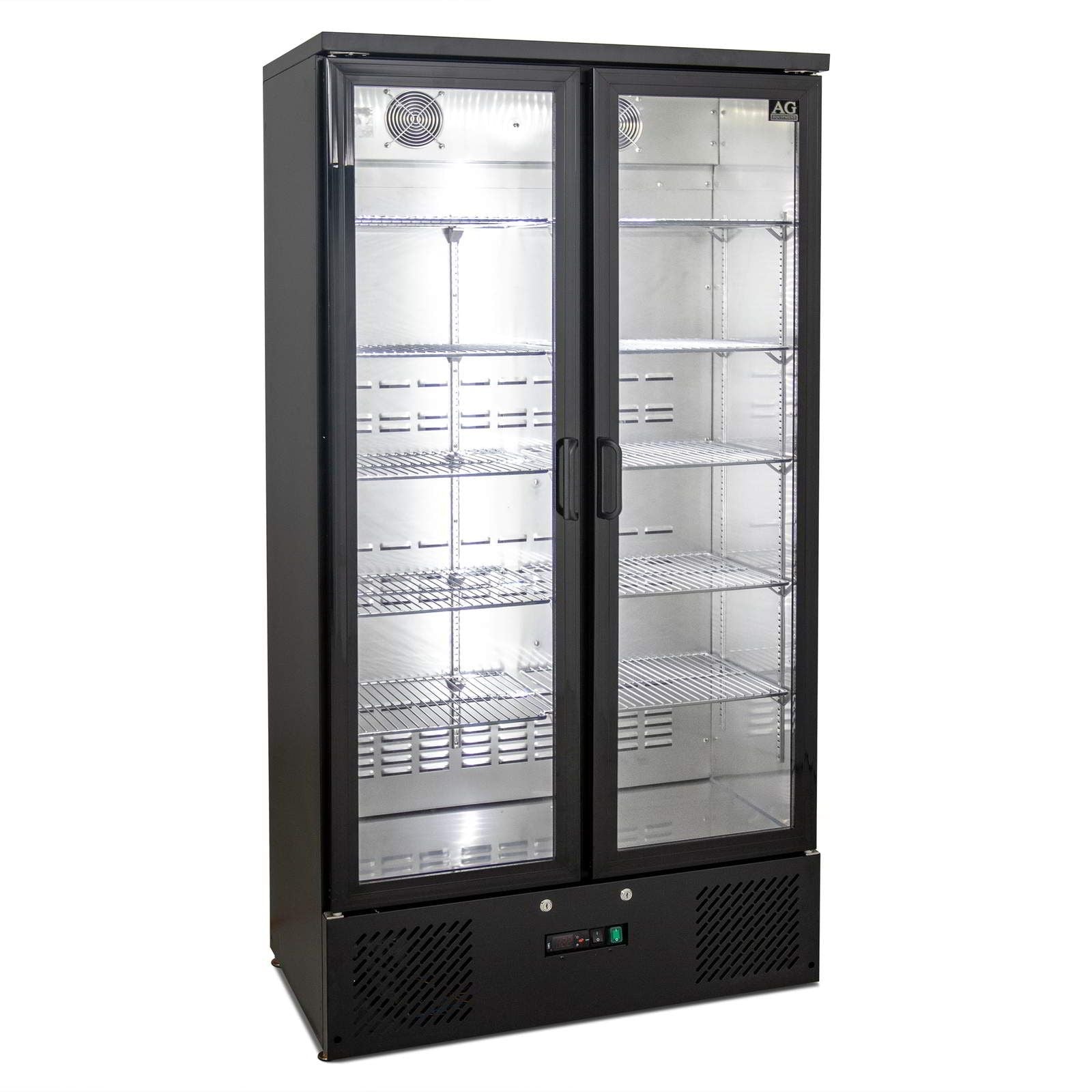 AG 477L Upright Double Glass Door Commercial Refrigerator - Black Stainless Steel Display Cooler for Restaurants, Bars, and Retail Stores - Perfect for Beverage Storage and Merchandise Display