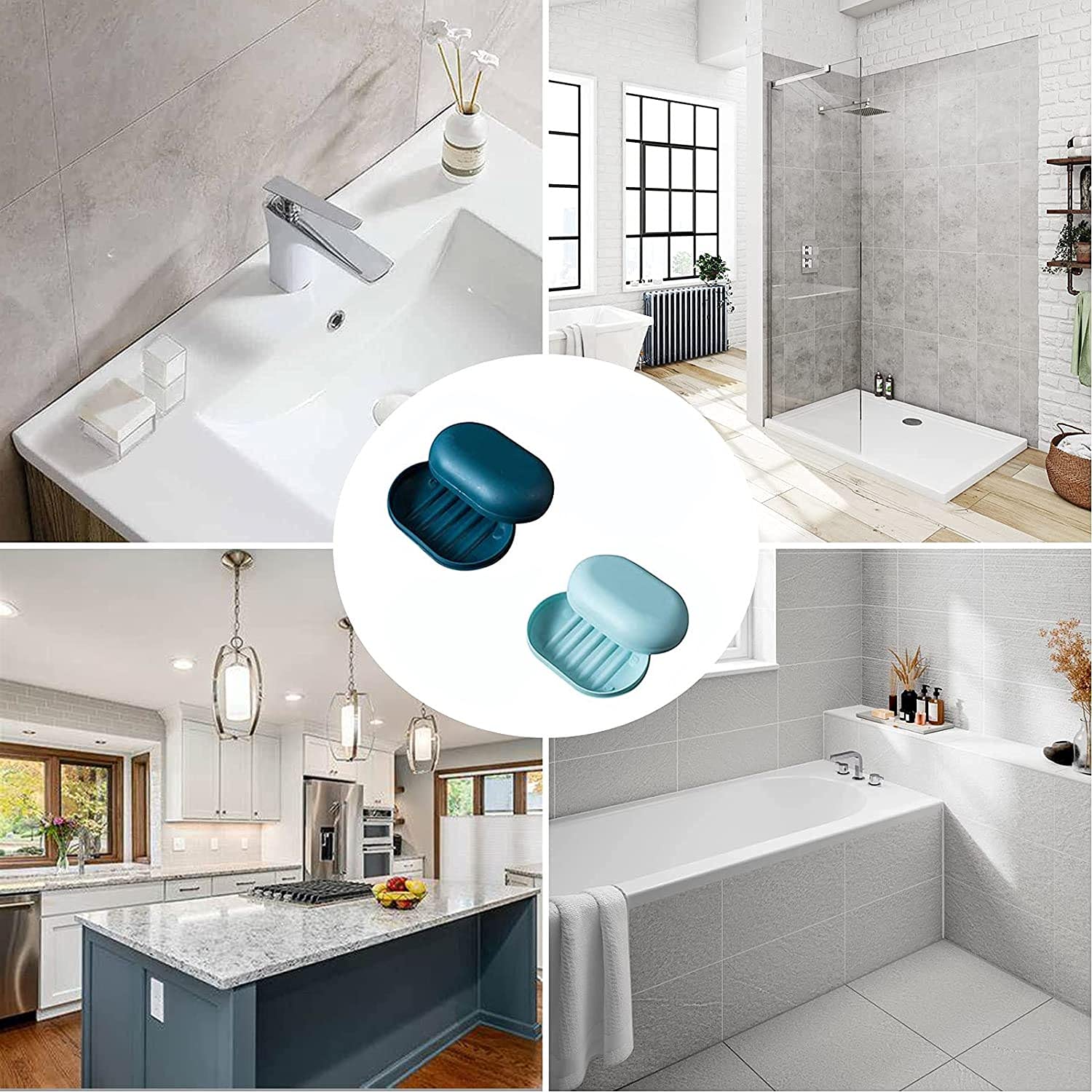 2Pcs Plastic Soap Dish Holder with Lid - Non-Slip Bathroom & Kitchen Soap Tray, Portable Travel Soap Case for Shower, Camping, Gym - Easy to Clean (Blue)