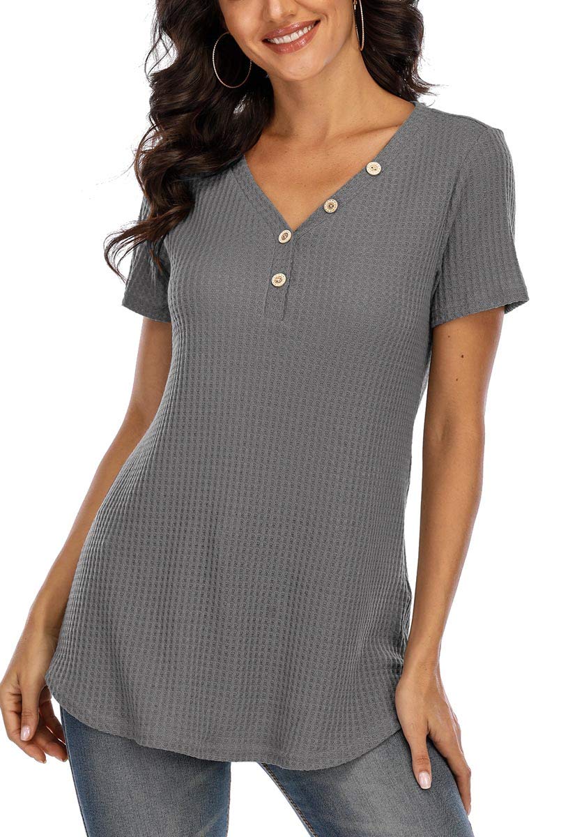KUFV Women's Waffle Knit Short Sleeve Henley Button-Up T-Shirt - Casual Basic Tunic Top Blouse for Everyday Wear, Work & Weekend Outfits
