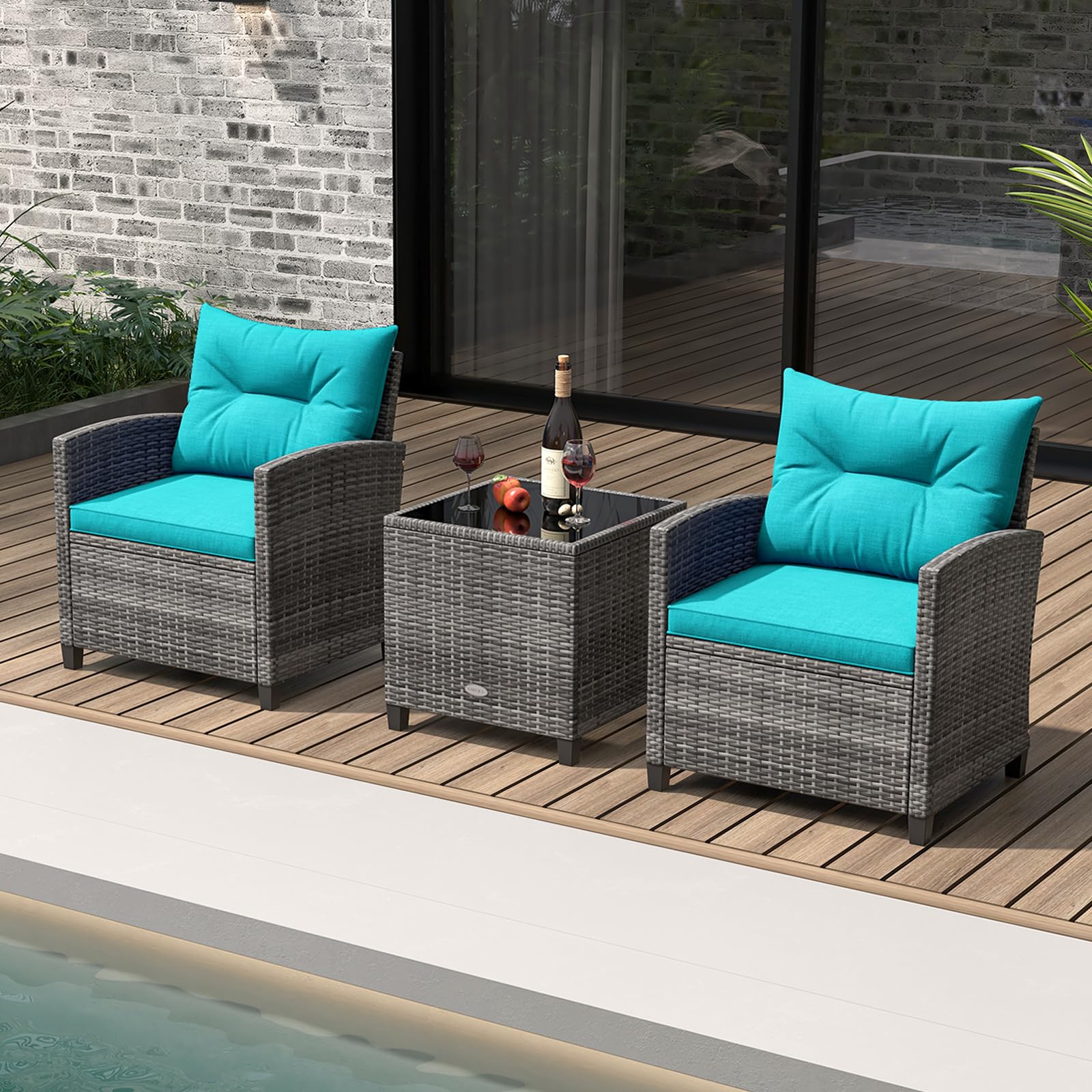 KOTEK 3-Piece Outdoor Patio Furniture Set - PE Rattan Wicker Chairs & Glass Tabletop Conversation Set with Washable Cushions for Porch, Garden, Balcony - Perfect for Relaxing, Entertaining & Outdoor Dining (Turquoise)