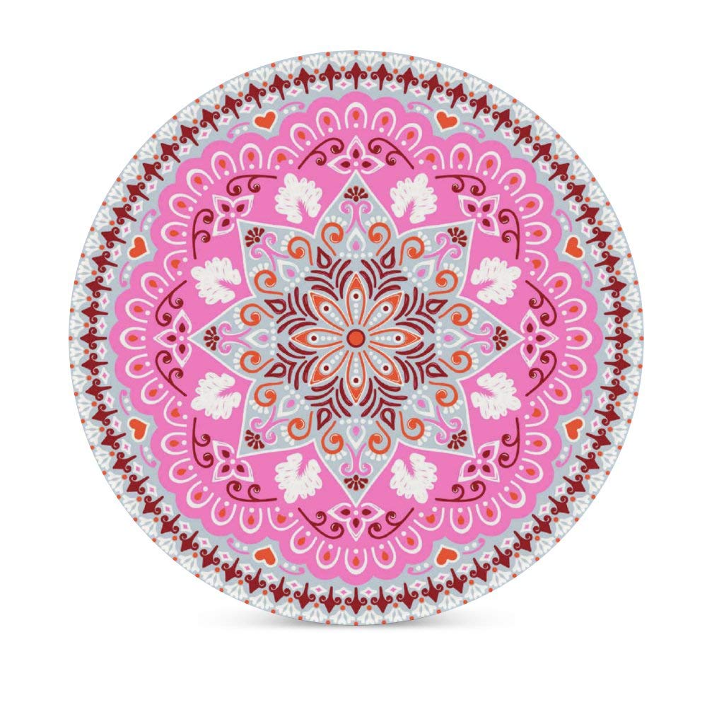 Set of 4 Absorbent Ceramic Coasters with Cork Base - Floral Ethnic Pattern Pink Round Drink Coasters for Coffee Cups & Glasses | Perfect for Bar, Farmhouse & Home Decor