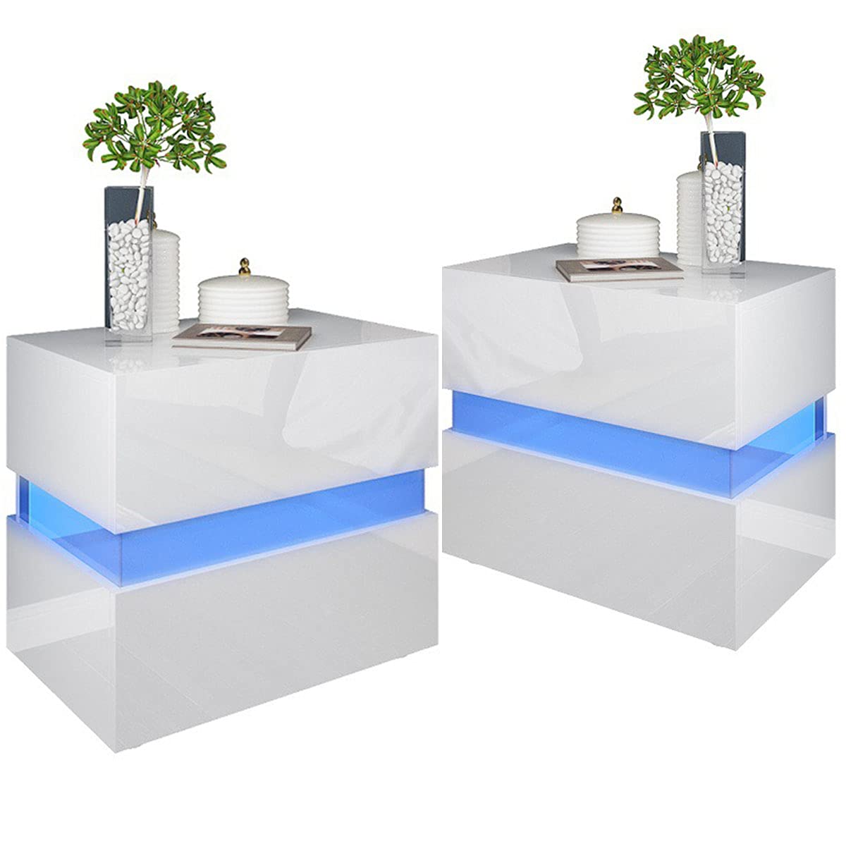 Modern LED Nightstand Set of 2 - Versatile Side Table with Storage Shelf & Drawer for Bedroom, Living Room - Perfect for Small Spaces, Reading Nook & Apartment Decor (White)