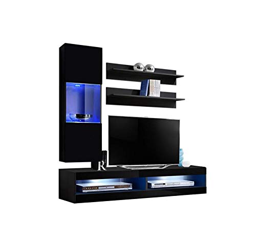 Modern Black Wall-Mounted TV Stand with Storage Shelves & LED Lights - 34