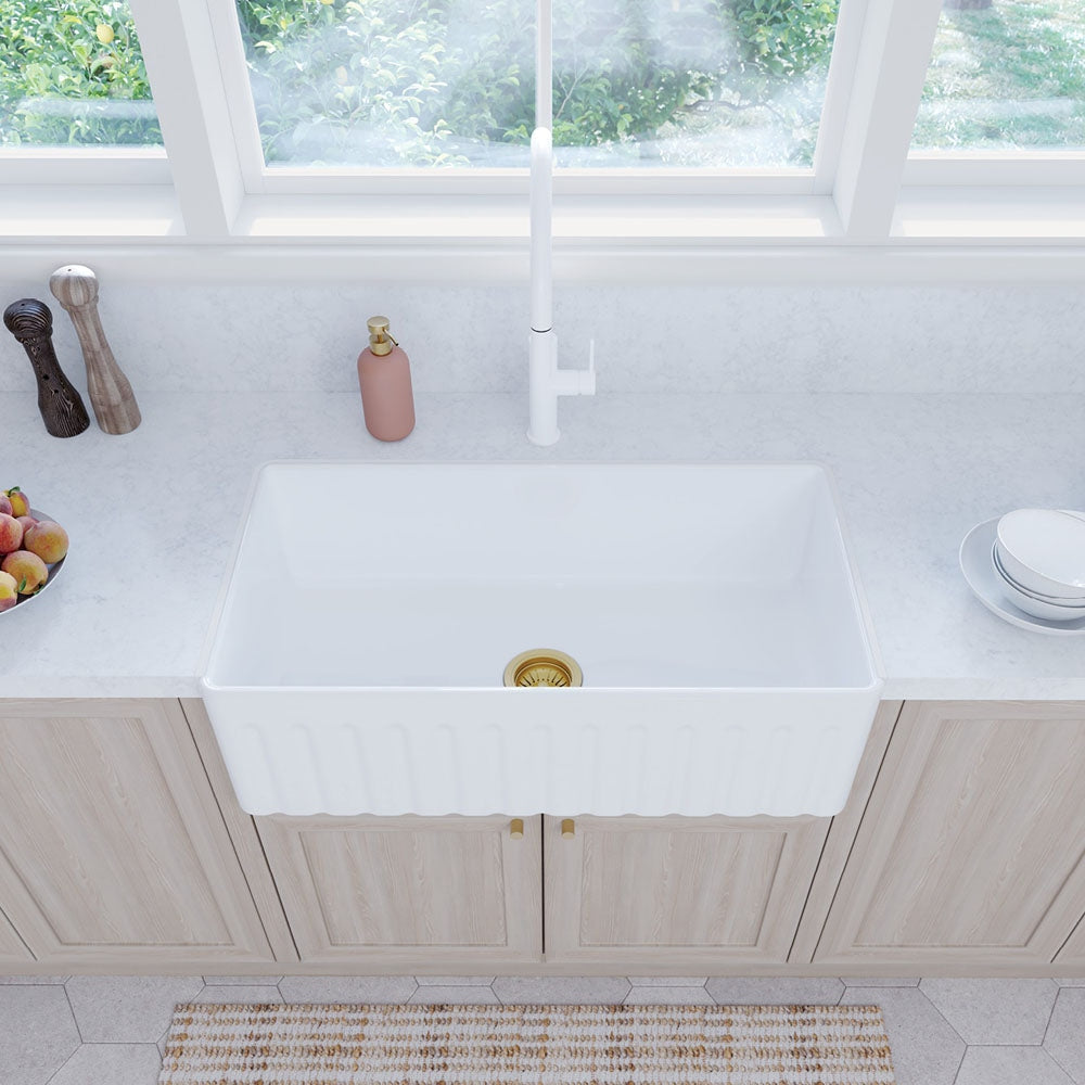 Fienza 68706 Olivia Large Single Butler Sink 33x18x10 Inches, White - Farmhouse Kitchen Sink for Modern & Traditional Homes