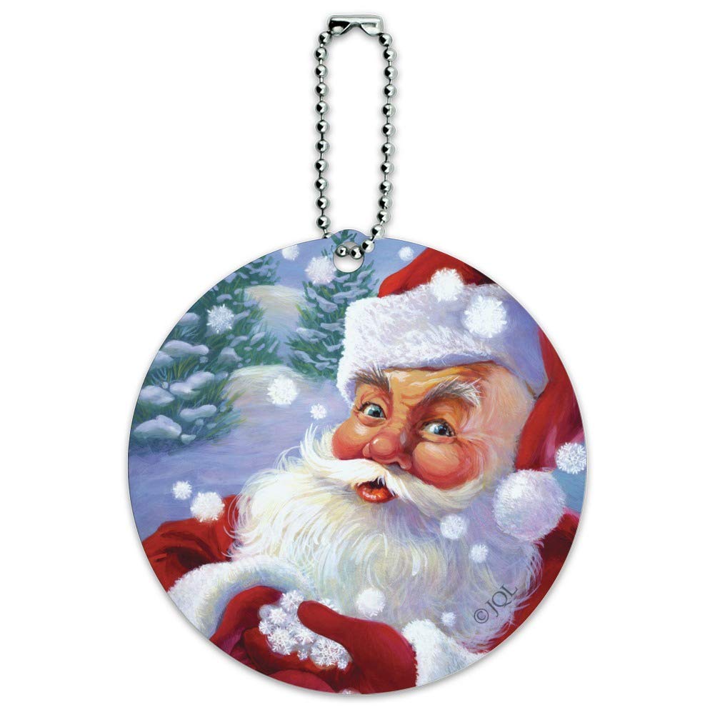 Santa Catching Snowflakes Round Luggage Tag - Christmas Holiday Travel ID Tag for Suitcases & Carry-On Bags | Perfect for Airports, Vacations & Gift Giving