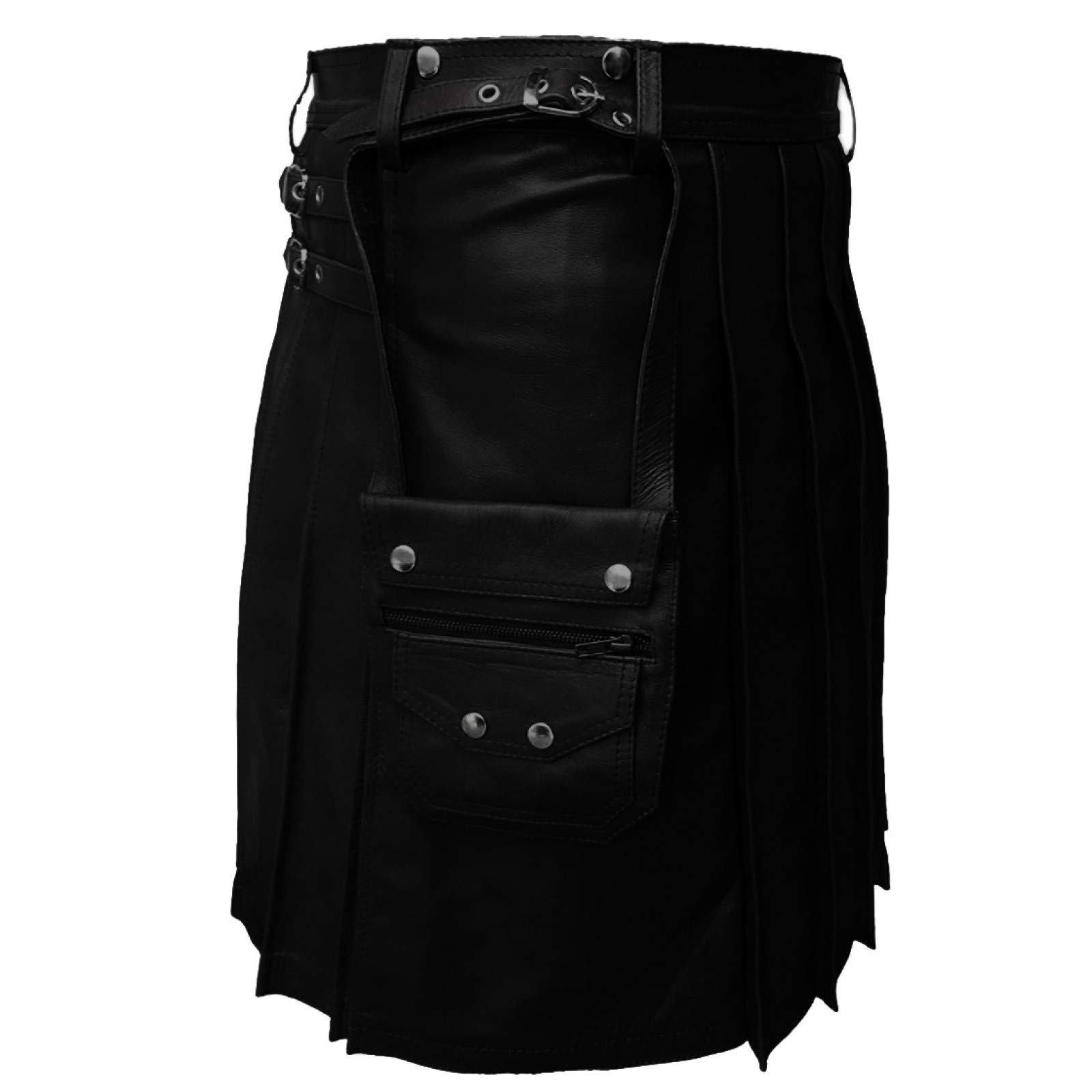 Men's Real Black Leather Utility Kilt with Sporran - Stylish Pleated Design for Casual Wear, Cosplay & Renaissance Fairs