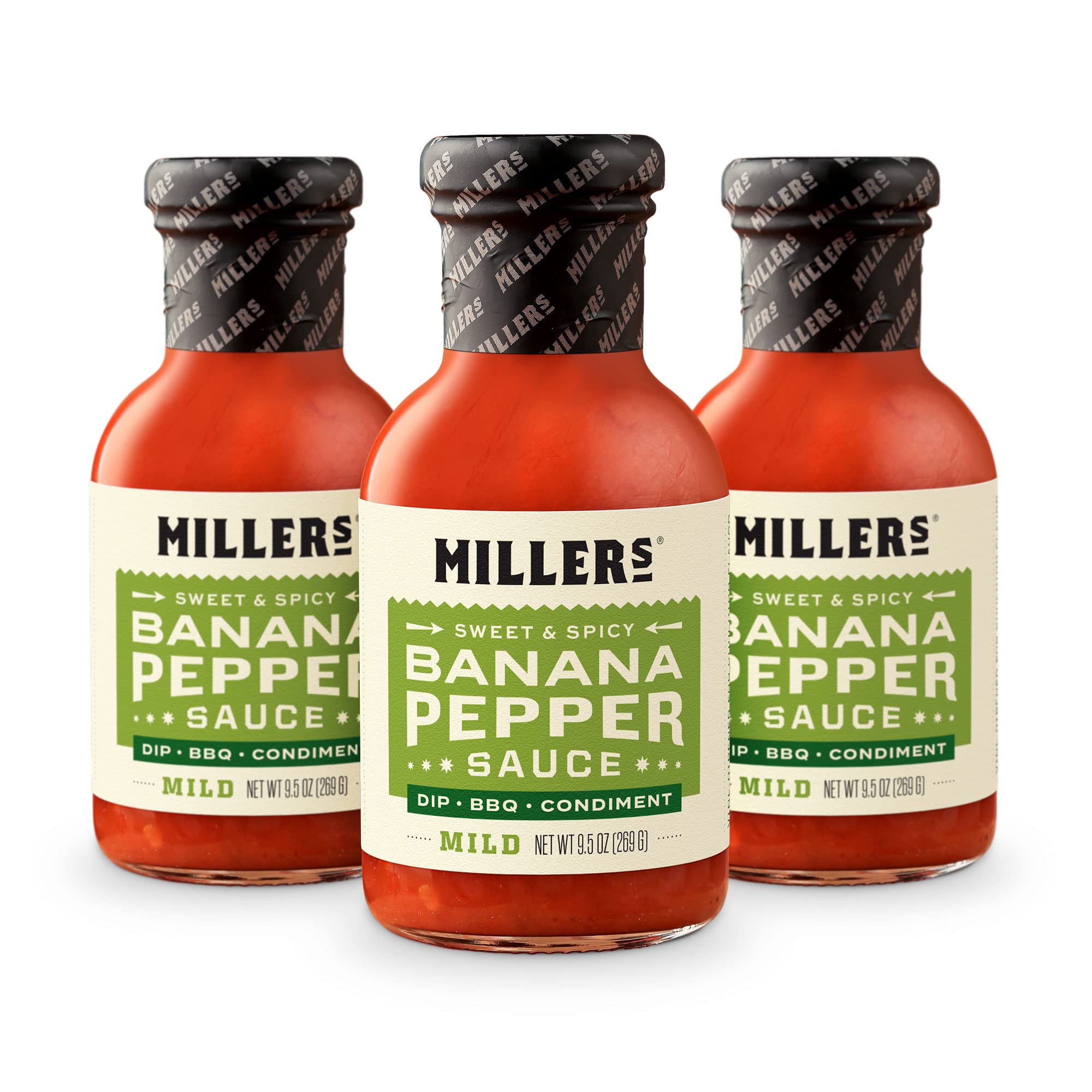 Miller's Banana Pepper Sauce - Mild Sweet & Spicy Red Banana Pepper Hot Sauce | Non-GMO Verified | Perfect for Chicken Wings, Burgers, Sandwiches & Pizza | 9.5oz (Pack of 3) | Great for BBQs, Game Nights & Family Gatherings