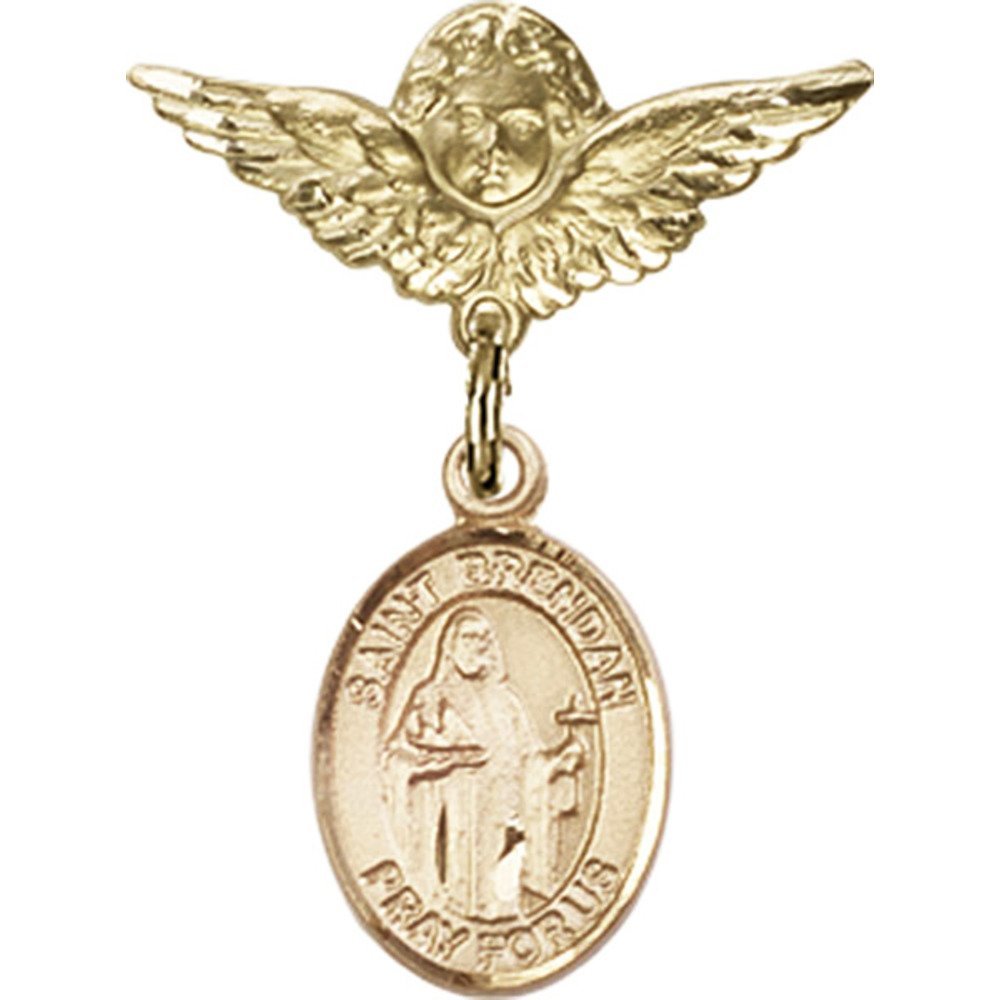 Gold Filled Baby Badge with St. Brendan The Navigator Charm & Angel Wing Pin - 1 x 3/4 Inch Religious Jewelry - Perfect for Christening Gifts, Baby Blessings & Baptism Keepsakes