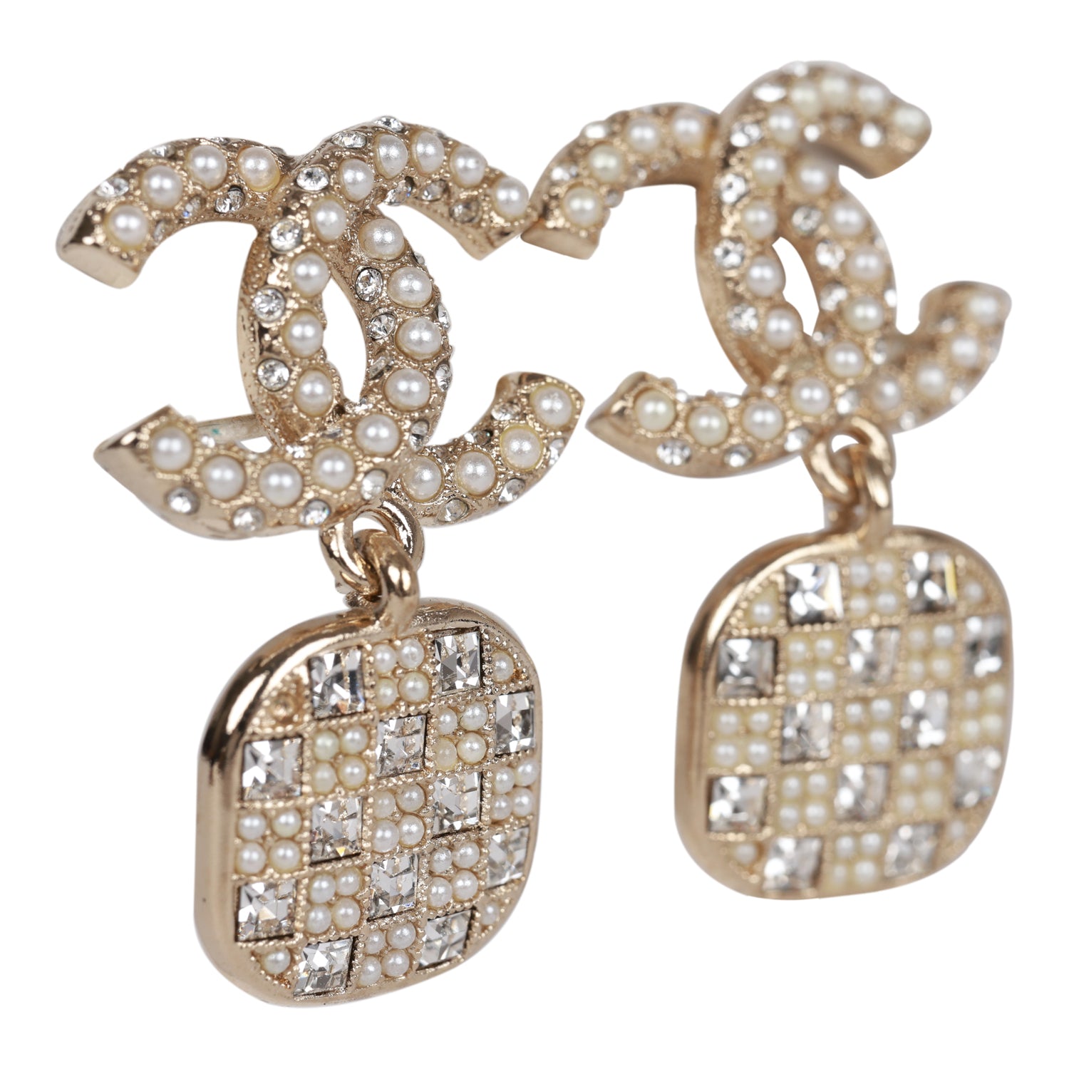 Chanel CC Faux Pearl Crystal Square Drop Earrings for Women - Luxury Fashion Jewelry Gift for Party, Wedding & Special Occasions
