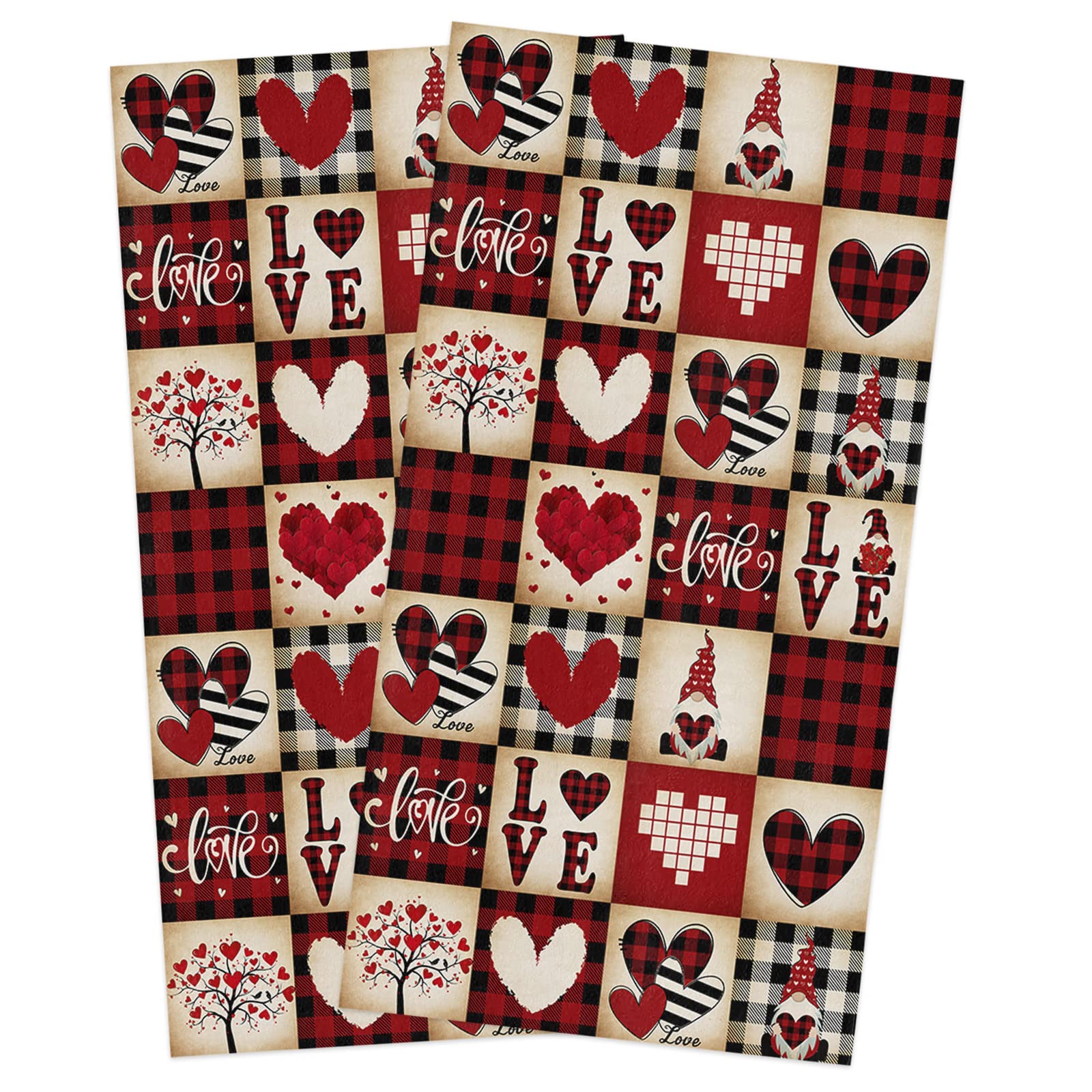 Premium Microfiber Kitchen Towels Set of 2 - Super Absorbent 18x28 Inch Dish Towels, Tea Towels & Bar Towels - Valentine's Day Red Black Buffalo Plaid with Love Heart Design - Perfect for Kitchen Cleaning, Drying Dishes & Holiday Decor