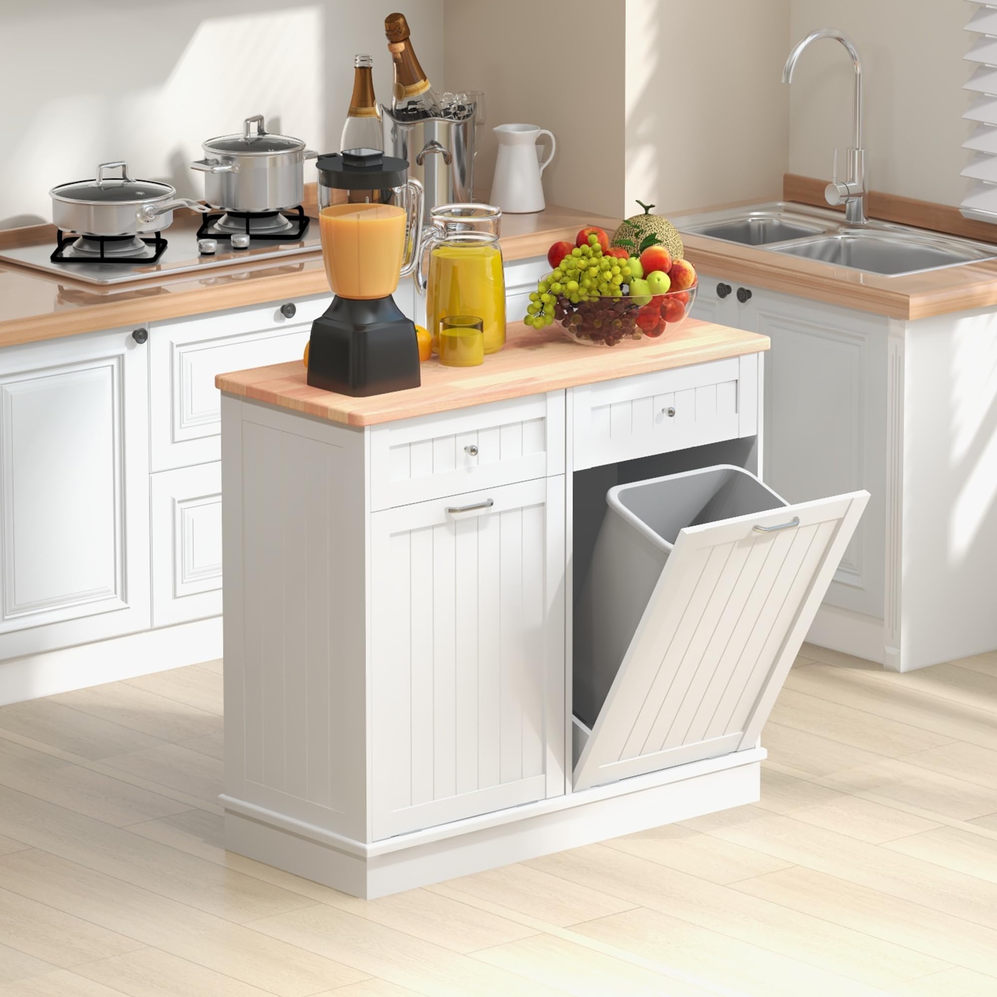 Antique-Style 20 Gallon Double Tilt Out Trash Cabinet with Solid Wood Tabletop & Drawer - Pet Proof Kitchen Waste Bin, Wooden Laundry Storage Cabinet for Home, Office, and RV Use