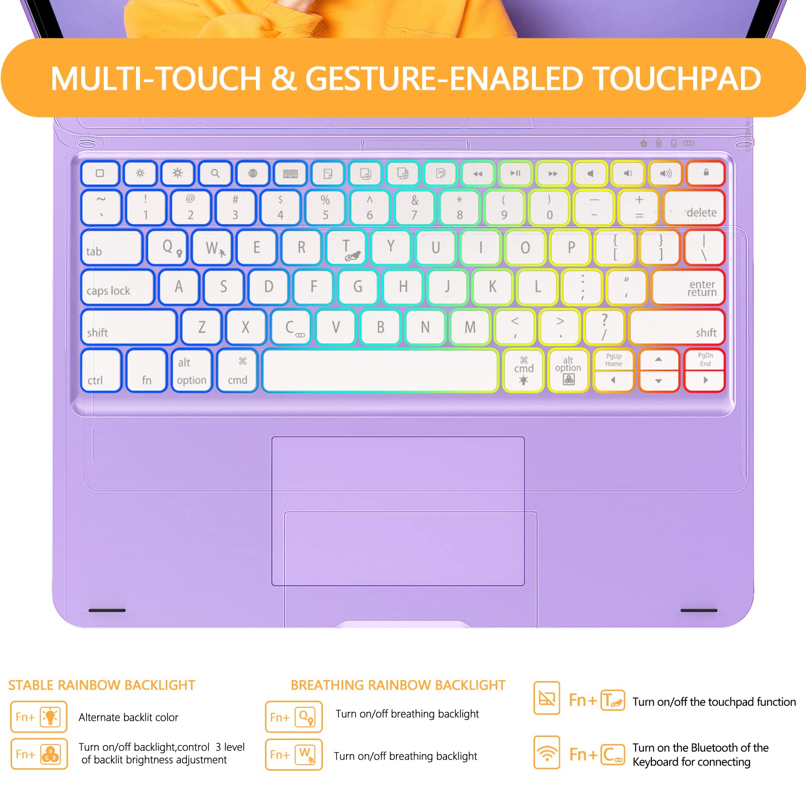 iPad Pro 12.9 Inch 6th/5th/4th/3rd Gen Keyboard Case with Rainbow Backlight - 7 Adjustable Modes, Wireless Multi-Touch Trackpad, 360° Rotatable Stand, Pencil Holder & Large Battery - Ultra Thin Lightweight Protective Cover for Work, Study & Travel