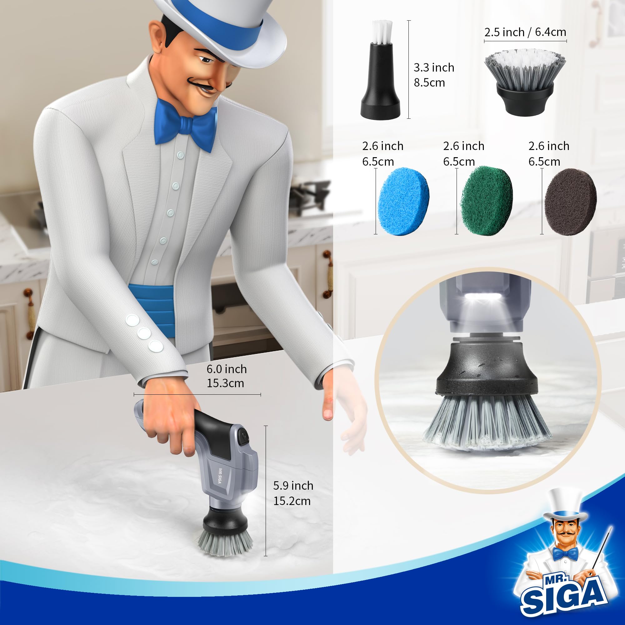 MR.SIGA Electric Spin Scrubber - Cordless Rechargeable Power Scrubber with 5 Replaceable Brush Heads for Deep Cleaning Kitchen, Bathroom, Tile & Grout | Waterproof Design for Shower, Sink & Bathtub Cleaning