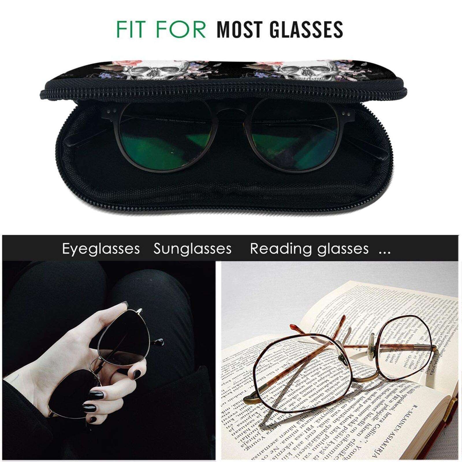 Stylish Skull Flower Sunglasses Case - Soft, Ultra Light & Portable Zipper Eyeglass Holder for Men & Women - Perfect for Travel, Beach, and Outdoor Activities
