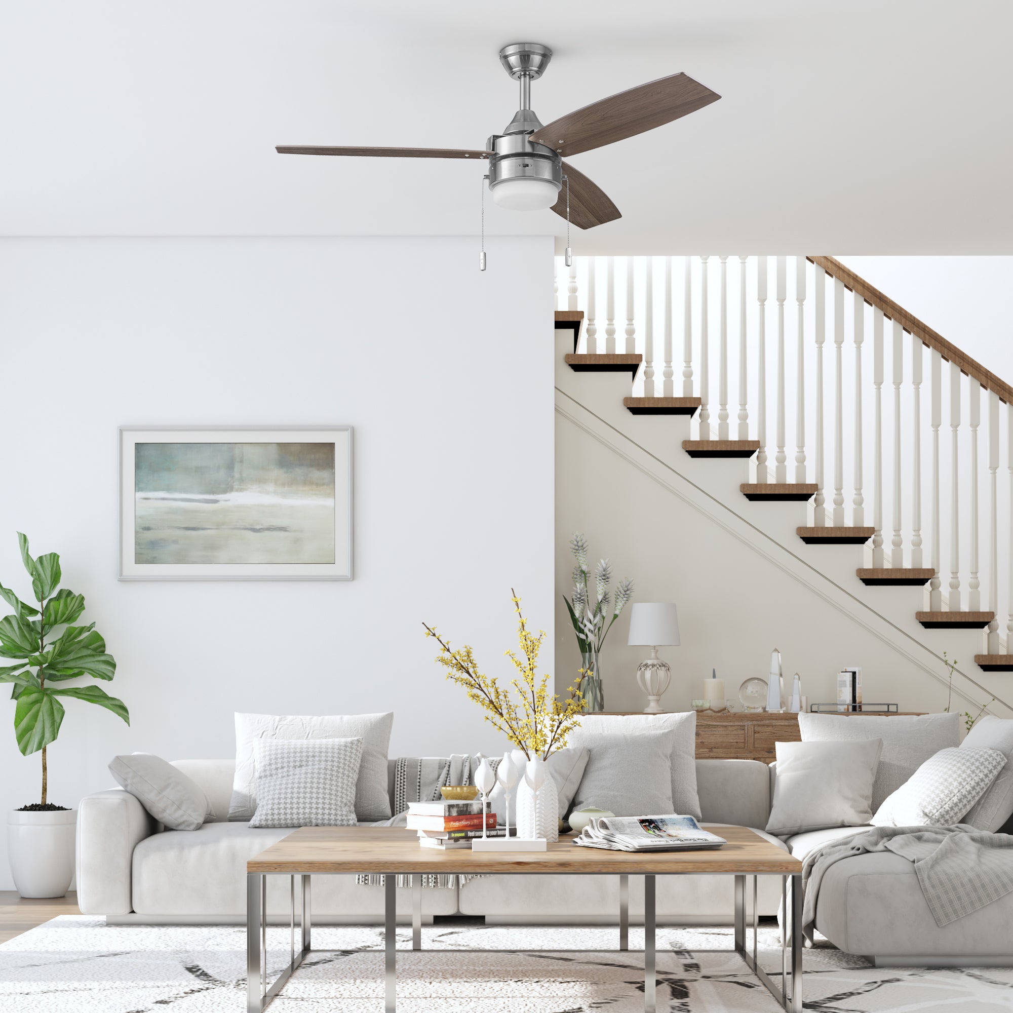 48 Inch Honeywell Berryhill Brushed Nickel Ceiling Fan with Light Kit and Pull Chain - Perfect for Living Room, Bedroom, and Outdoor Patio Cooling