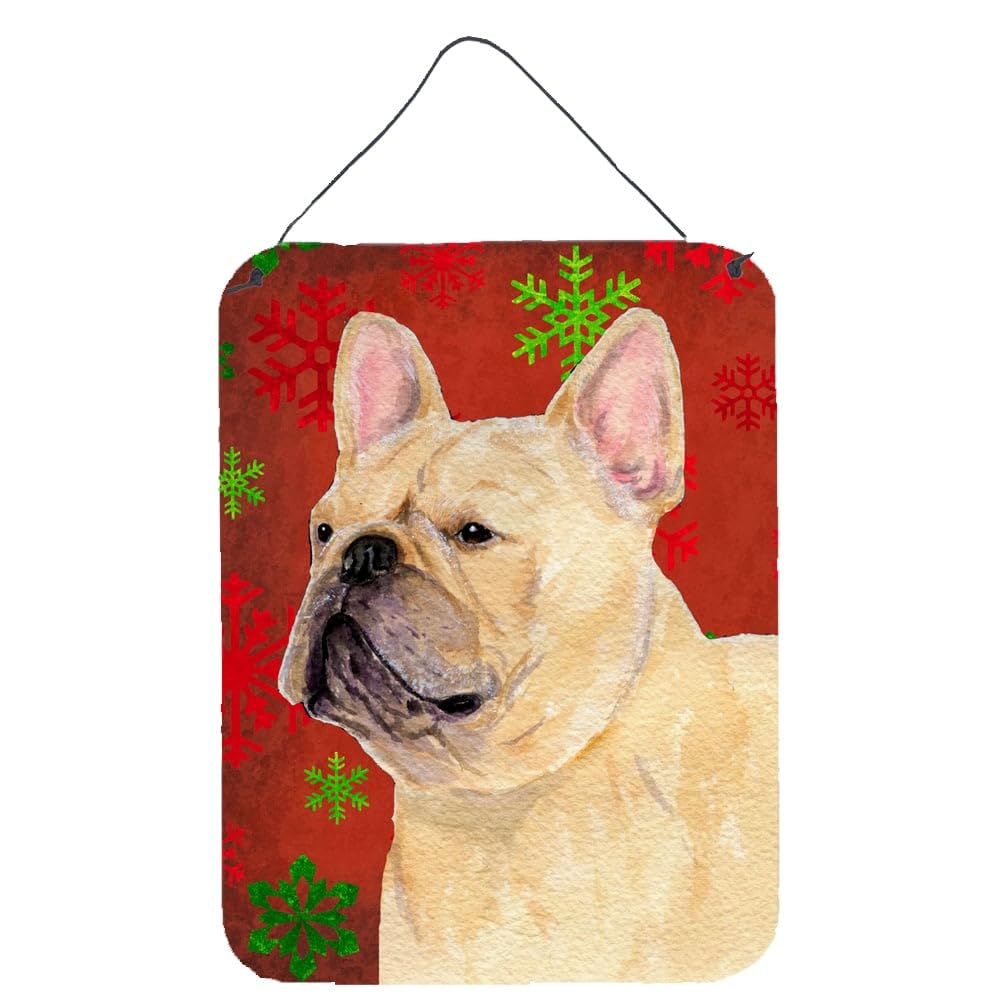French Bulldog Red & Green Snowflakes Holiday Metal Sign - Christmas Wall Decor, Kitchen Plaque, Front Door Hanging for Home & Bar Decoration - Perfect for Festive Seasonal Decor & Gift Giving