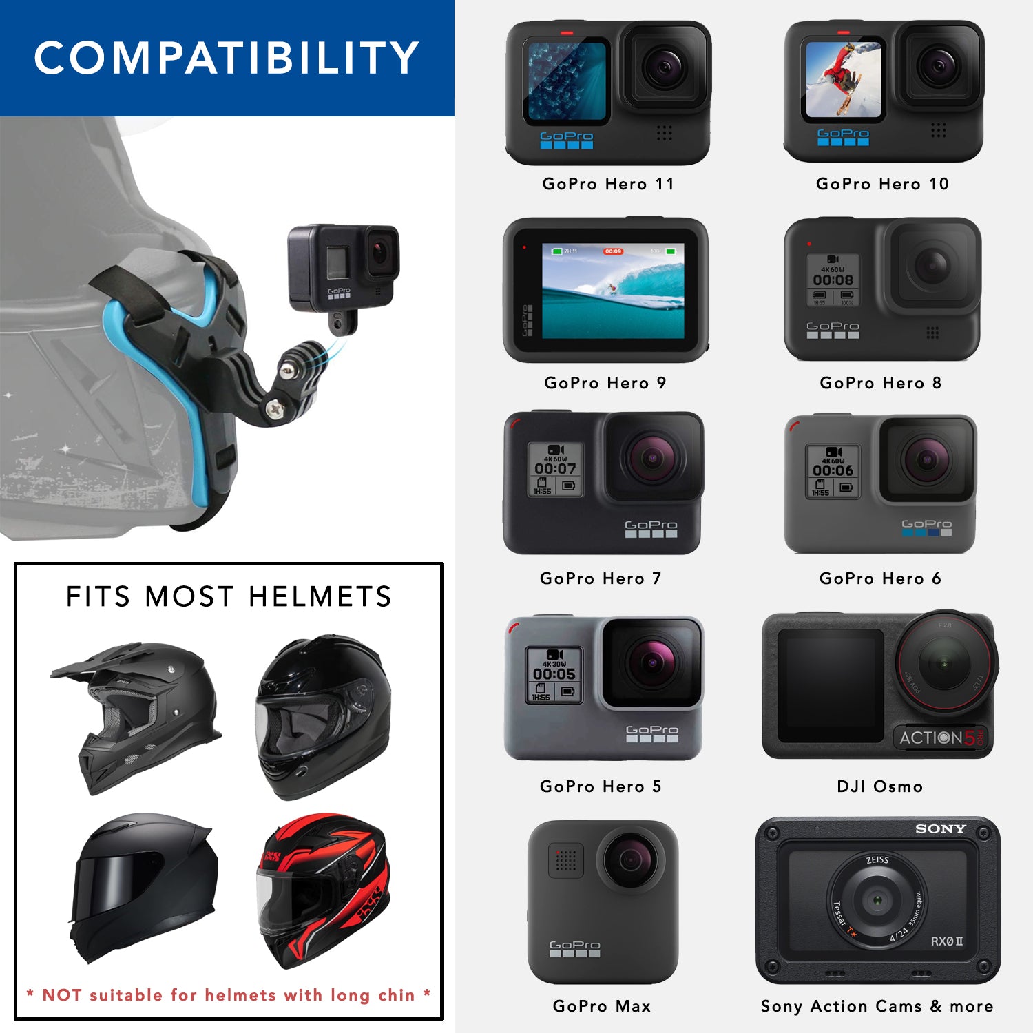 GoPro Chin Strap Mount for Motorcycle Helmets - Compatible with GoPro Hero 12/11/10/9/8/7/6/Black/Max, DJI Osmo & Sony Action Cameras - Perfect for Motorcycle Vlogging, Adventure Sports & Action Camera Recording