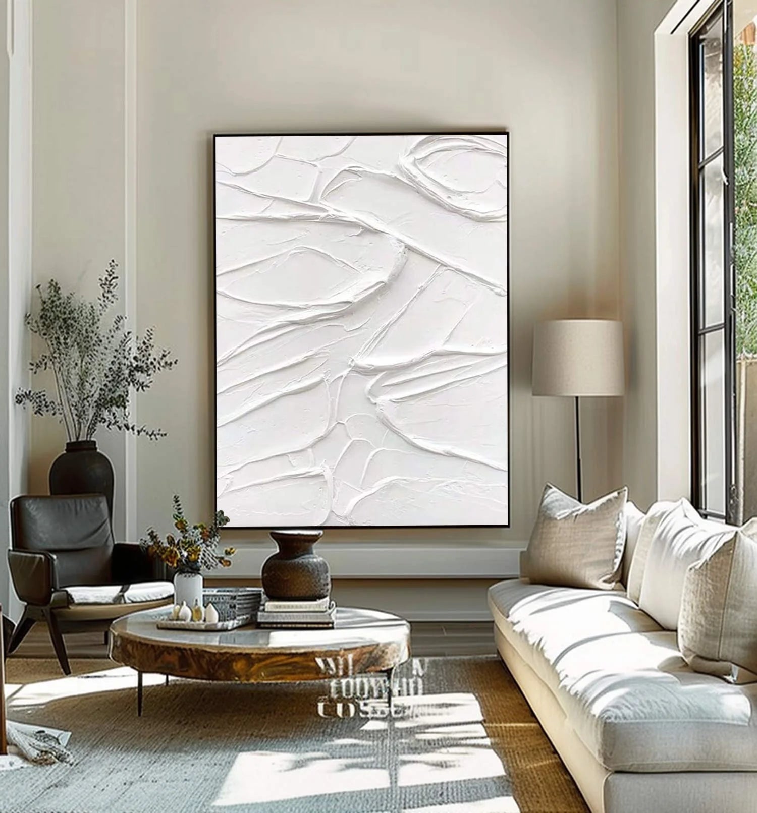 White Minimalist Textured Painting Canvas Wall Art - Modern Abstract Vertical Decor for Living Room, Bedroom & Office | #MM003