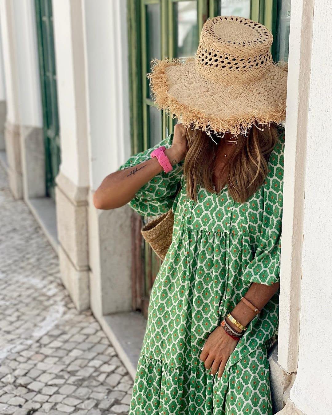 Guteidee Women's Long Puff Sleeve Flowy Floral Dress - A-Line Boho Maxi Dress for Fall Fashion | Perfect for Vacation, Date Night & Special Occasions