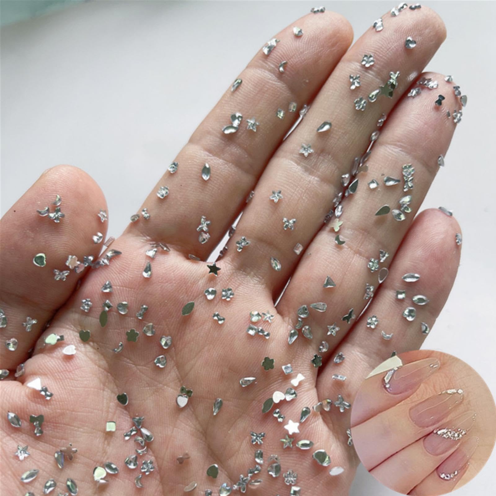 1000PCS Silver Mini Rhinestones for Nail Art - Multi-Shape Flat Back Crystals (Moon, Heart, Star, Flower) - DIY Manicure Gems for Acrylic Nails - Perfect for Women & Girls Nail Decoration - Great for Parties, Weddings, and Special Occasions