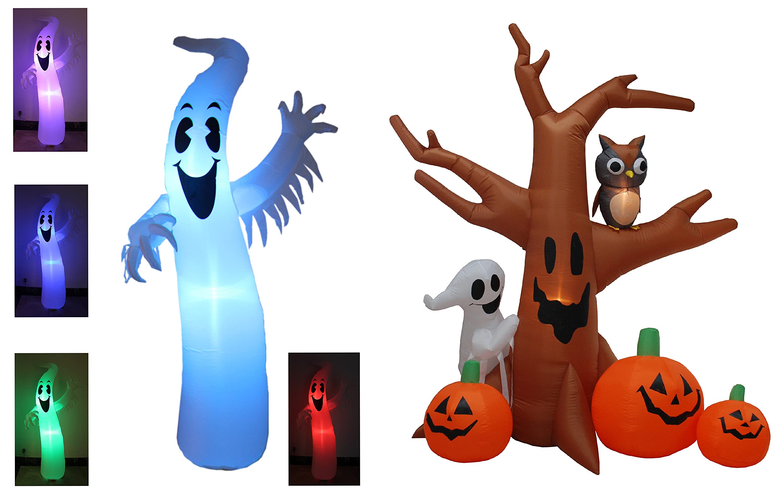 Halloween Party Decorations Bundle - 8ft Tall Inflatable Ghost with Color Changing LEDs & 8ft Dead Tree with Owl, Ghost & Pumpkins - Outdoor Halloween Decor for Yard, Haunted House & Party Decorations