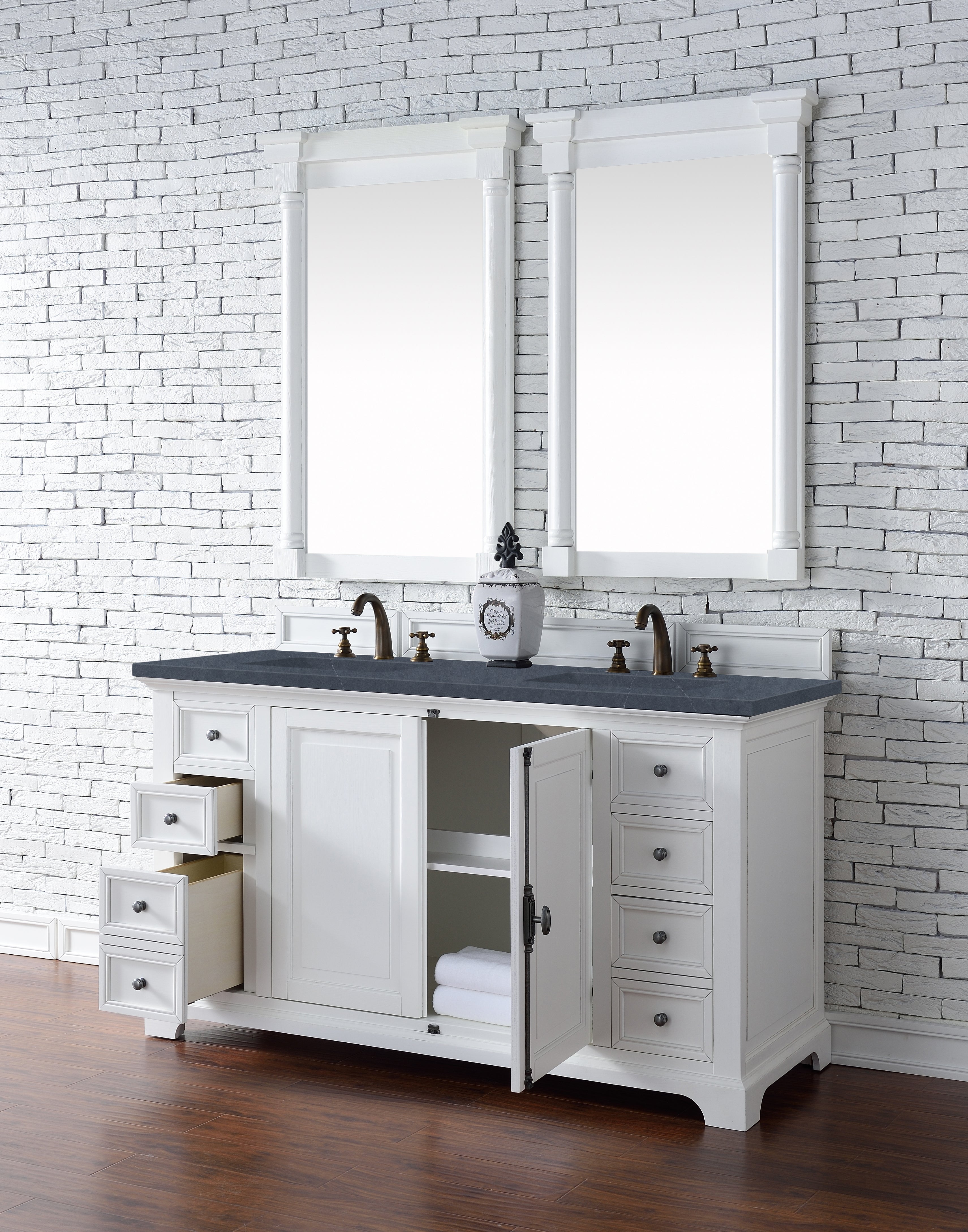 Providence 60 Inch Double Vanity Cabinet with Charcoal Soapstone Quartz Top - Bright White Bathroom Vanity for Master Bath & Powder Room