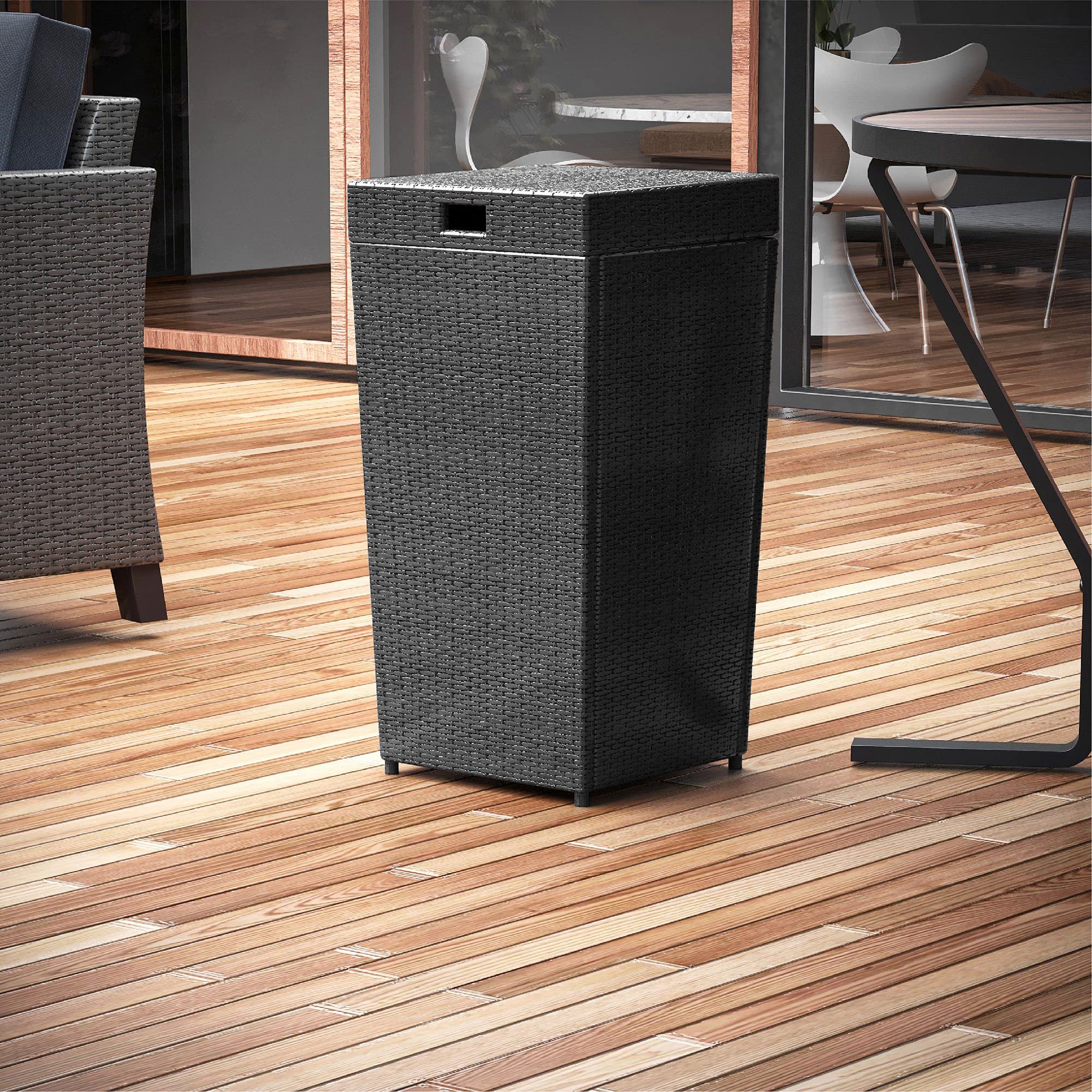 30 Gallon Outdoor Trash Can with Lid - Durable Wicker Garbage Bin for Patio, Yard & Garden - Black Weatherproof Waste Container for Home & Commercial Use