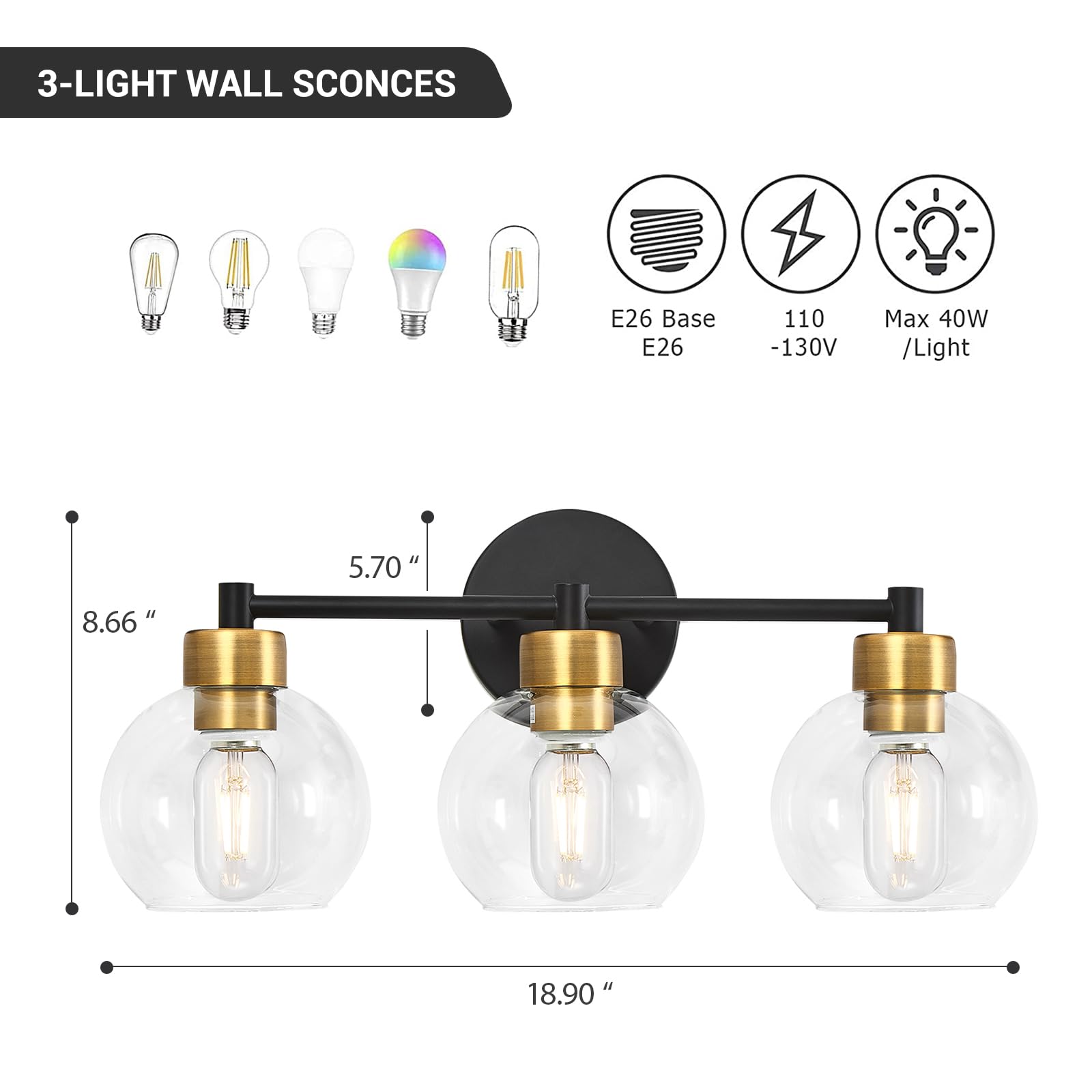 Black and Gold Bathroom Vanity Light Fixture - 3-Light Round Wall Sconce with Clear Glass Shades for Mirror, Bedroom, Living Room & Kitchen - Perfect for Modern Home Decor and Ambient Lighting