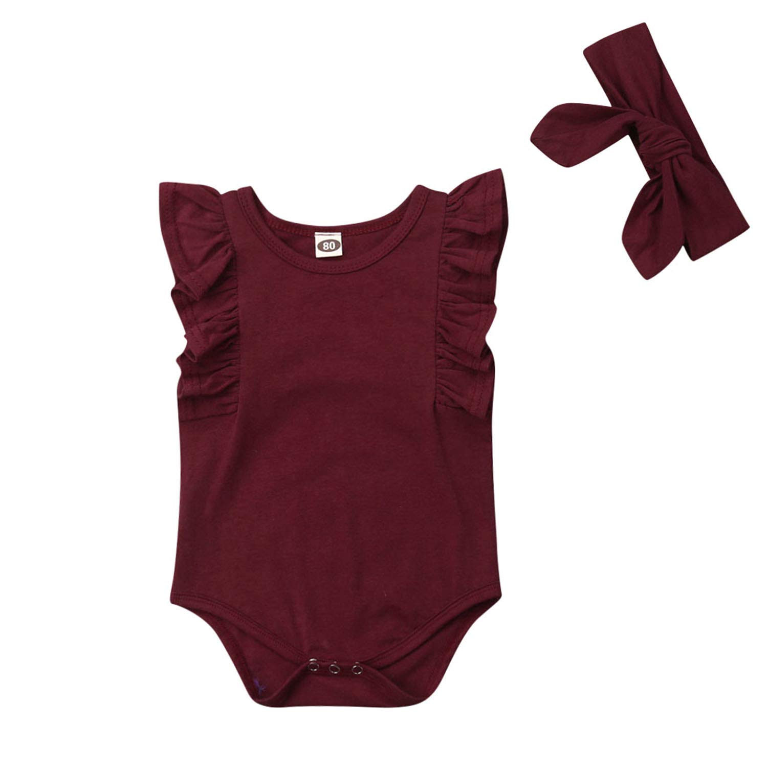 Qiylii Newborn Baby Girls Sleeveless Ruffle Romper - Plain Bodysuit Jumpsuit with Headband - Summer Outfit for Photoshoot, Party & Casual Wear