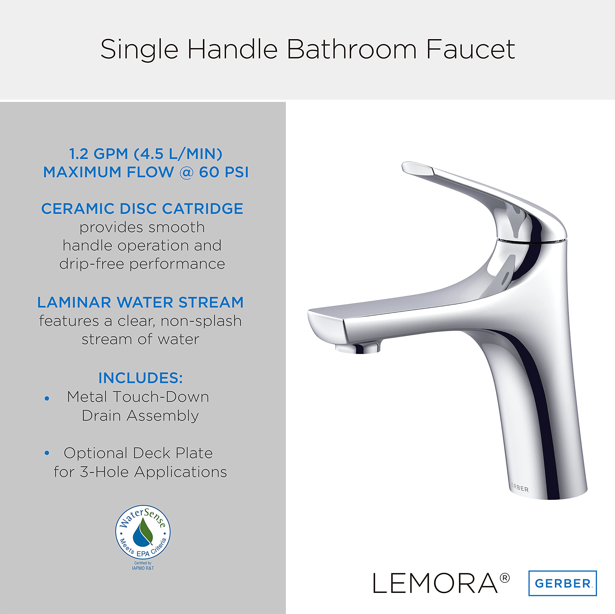 Gerber Lemora Single Hole Bathroom Faucet with Metal Pop-Up Drain - Modern Waterfall Spout for Vanity Sink, Perfect for Home, Hotel & Commercial Use