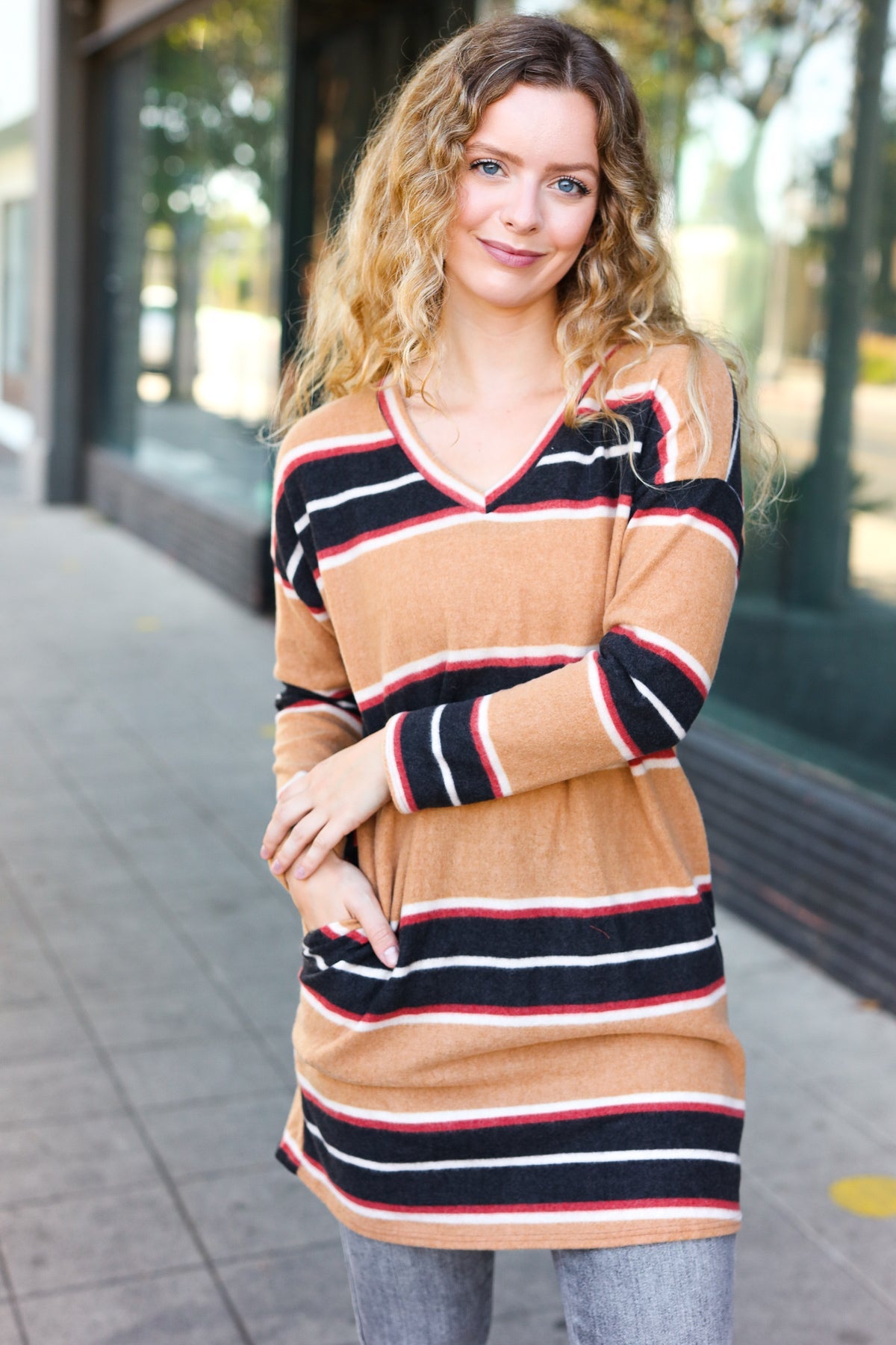 Stylish Taupe Hacci Striped Pocket Tunic Dress for Women | Casual Chic Outfit for Work, Brunch & Weekend Wear