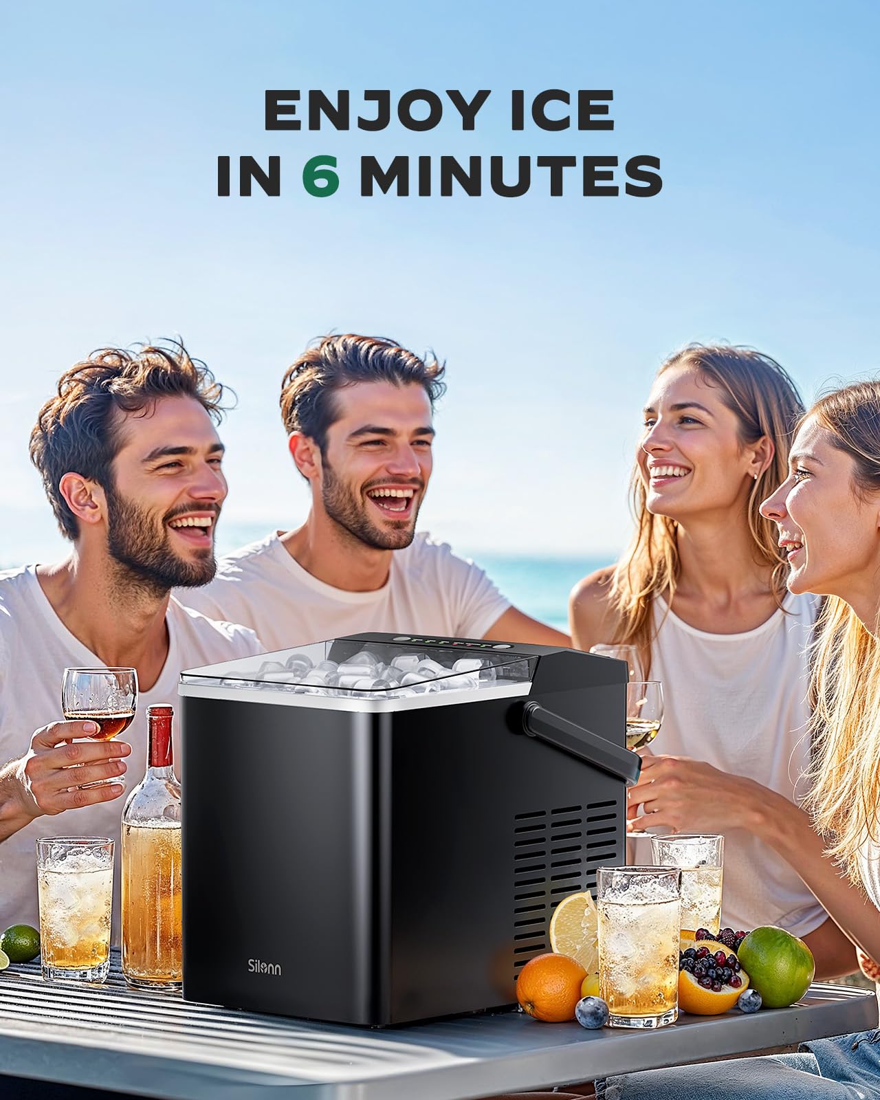 Silonn Countertop Ice Maker - Portable Self-Cleaning Ice Machine with 1.8L Water Tank & Large Ice Basket - Makes 9 Cubes in 6 Minutes - Perfect for Home, Kitchen, RV, Camping, Office & Outdoor Parties
