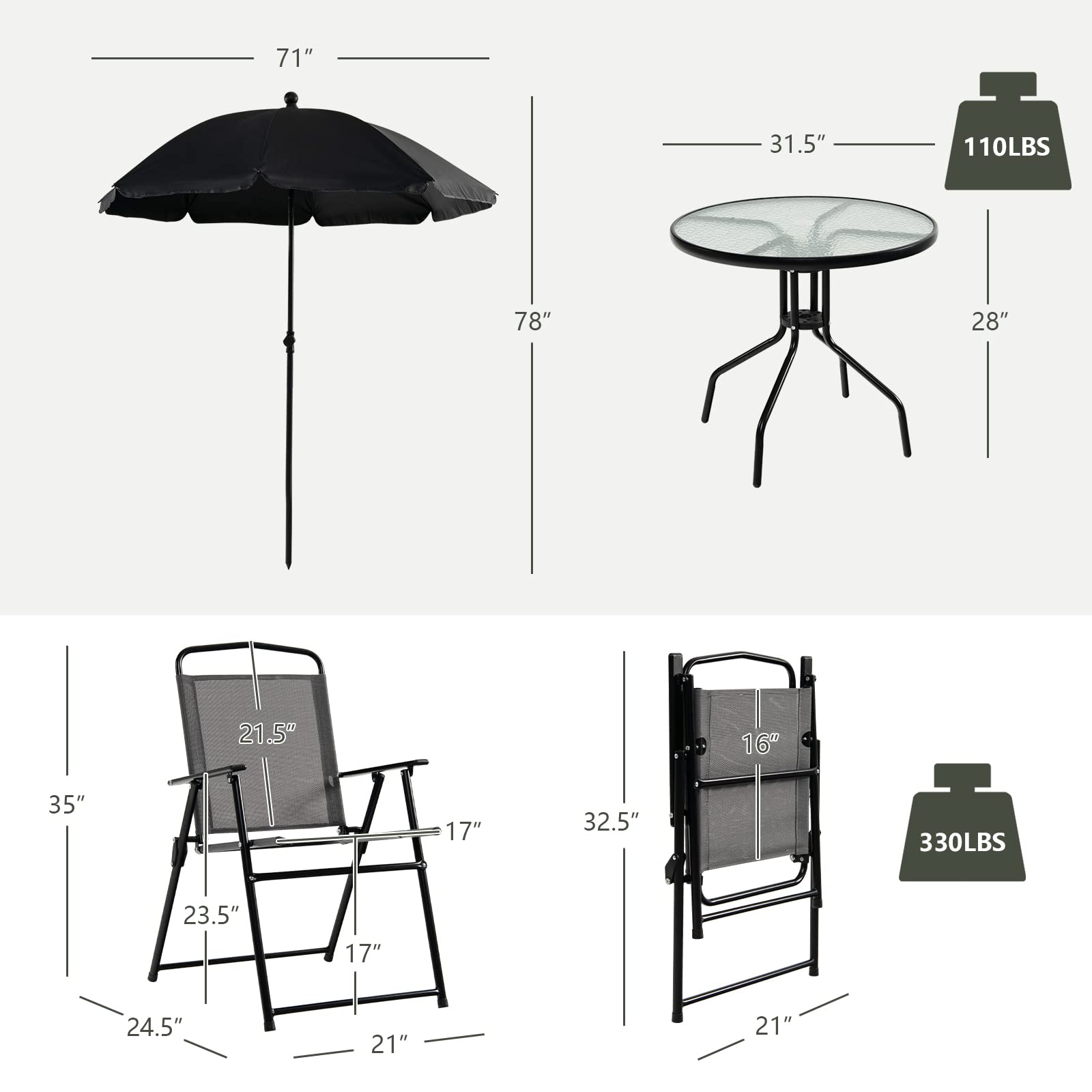 Tangkula 6-Piece Folding Patio Dining Set - Outdoor Table and 4 Chairs with 31.5