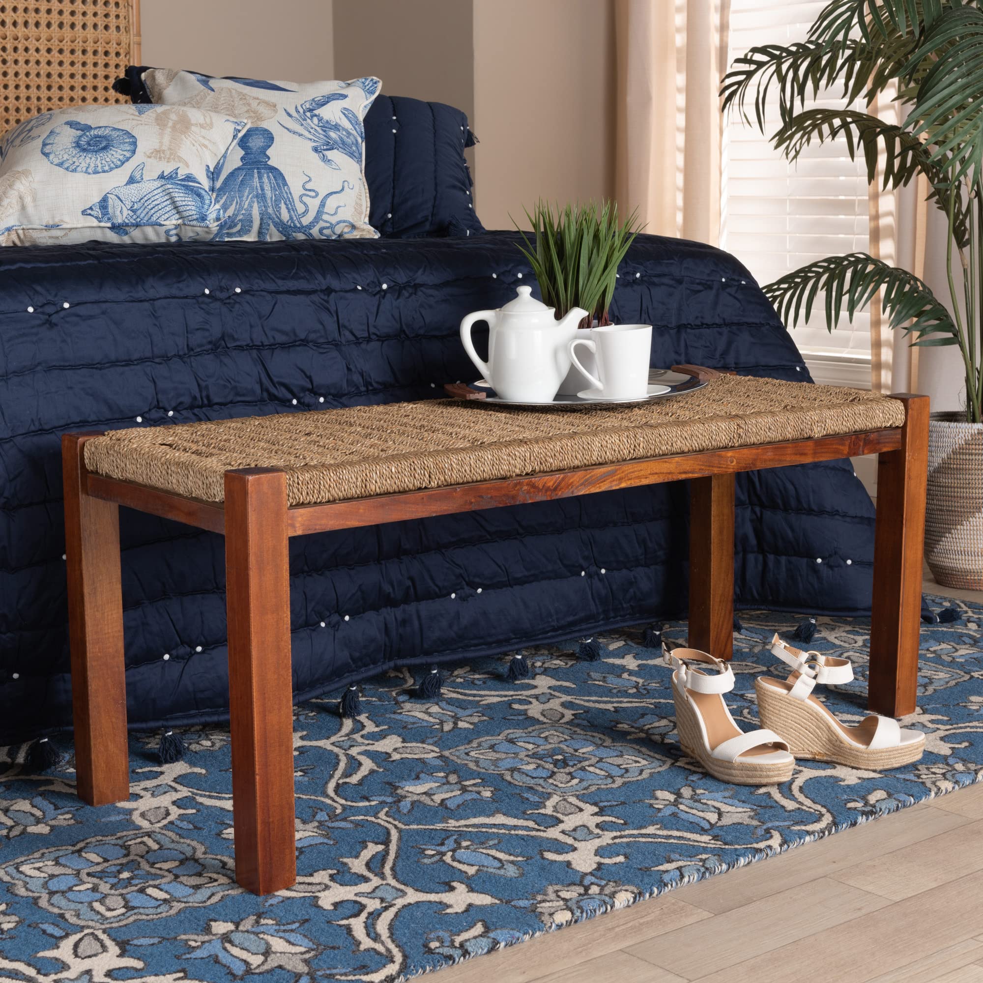 Bali & Pari Hermes Woven Seagrass Accent Bench - Natural Walnut Brown - Handwoven Rattan Stool for Living Room, Bedroom, or Patio Decor