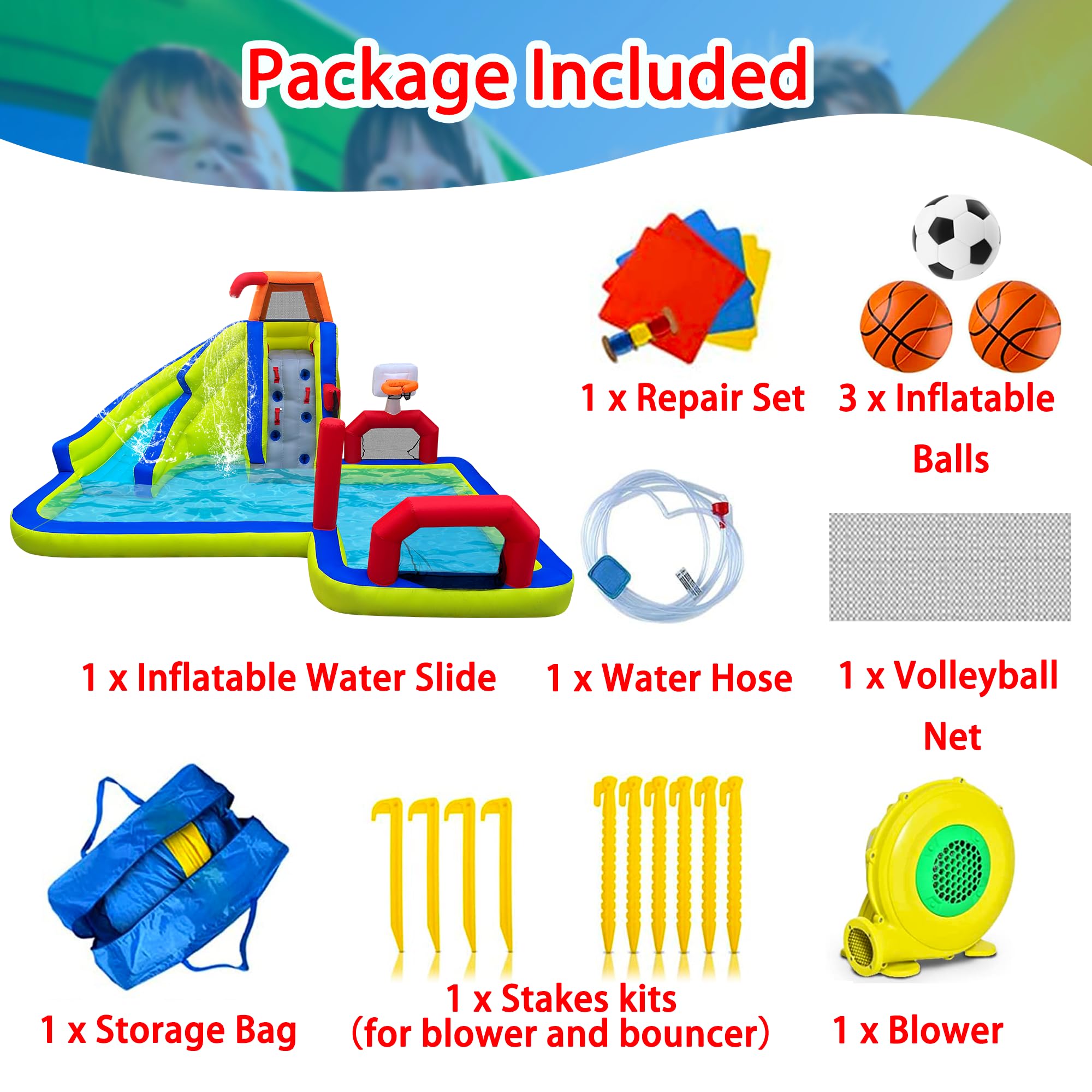 **RETRO JUMP Inflatable Water Slide - 8-in-1 Kids Water Park Bounce House with Slide, Splash Pool, Climbing Wall, Basketball Rim, Soccer Field & Volleyball Area - Includes Blower - Perfect for Backyard, Summer Parties & Outdoor Fun**