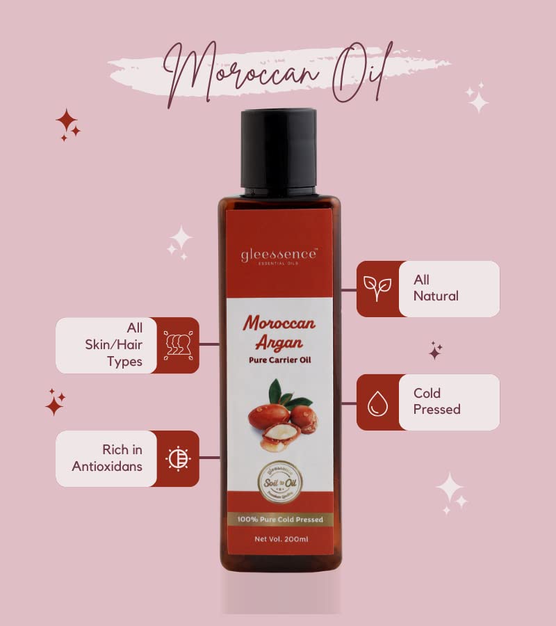 Gleessence 100% Pure Moroccan Argan Oil - Cold Pressed, 200ml | Natural Hair & Face Oil for Anti-Hair Fall & Nail Growth | Paraben, Sulfate & Mineral Oil Free | Perfect for Dry Skin, Frizzy Hair & Brittle Nails