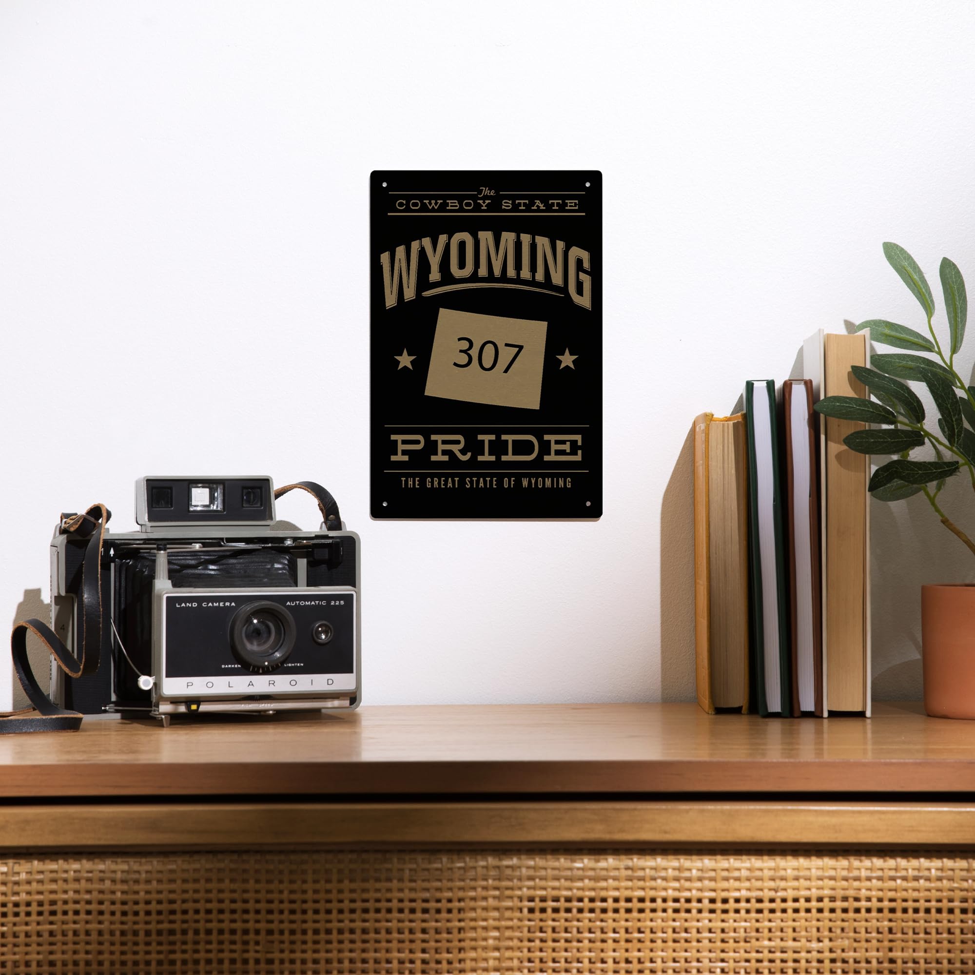 Lantern Press 6x9 Inch Wyoming State Pride Metal Sign - 307 Area Code Design in Gold on Black - Perfect for Home Office Bar Garage Decor