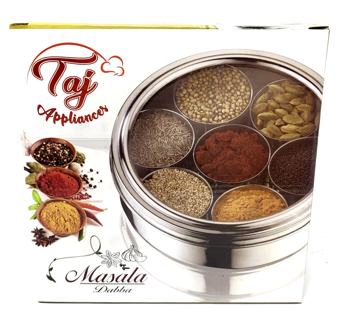 Premium Stainless Steel Taj Masala Dabba Spice Box with Spoon - 7 Compartment Indian Spice Storage Container for Kitchen, Cooking & Travel | Airtight & Durable Spice Organizer