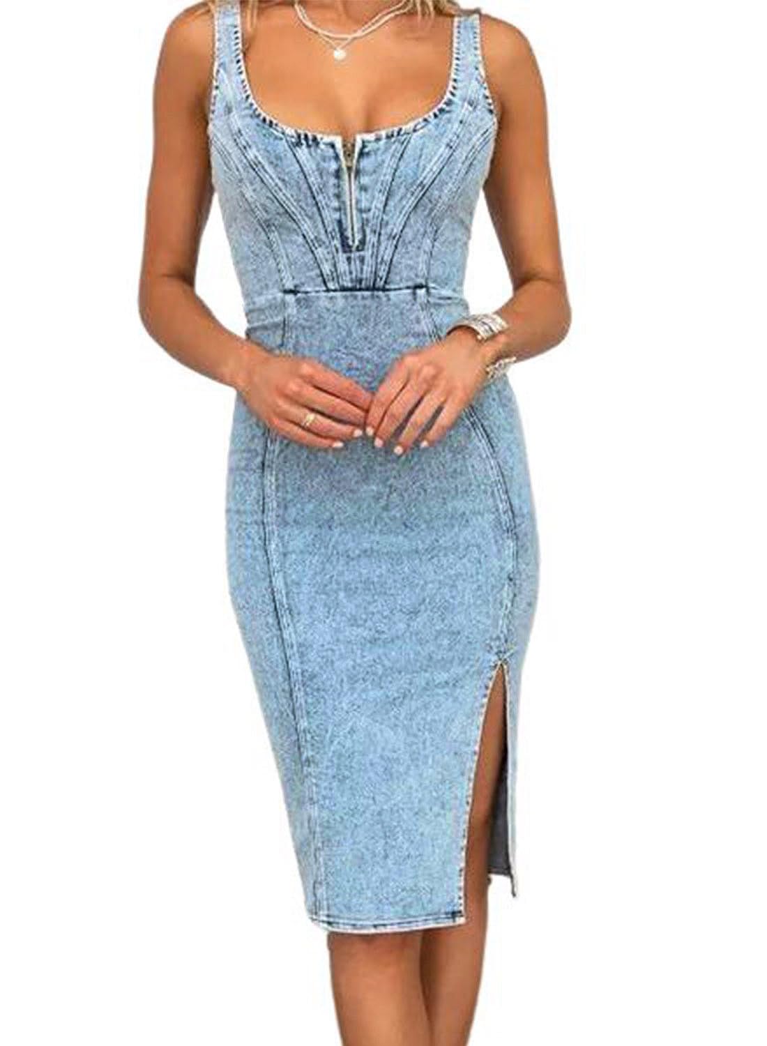 UTCoco Women's Sleeveless Denim Bodycon Midi Dress with Side Slit - Stretchy Jean Dress for Casual Outings, Date Nights & Summer Fashion 2025
