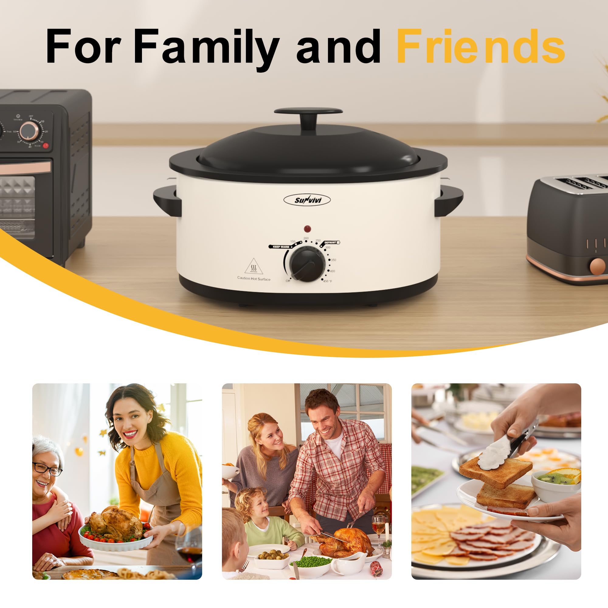 Sunvivi 8-Quart Electric Roaster Oven with Self-Basting Lid - Stainless Steel Turkey Roaster with Removable Pan & Rack - Perfect for Thanksgiving, Christmas, and Family Gatherings - White